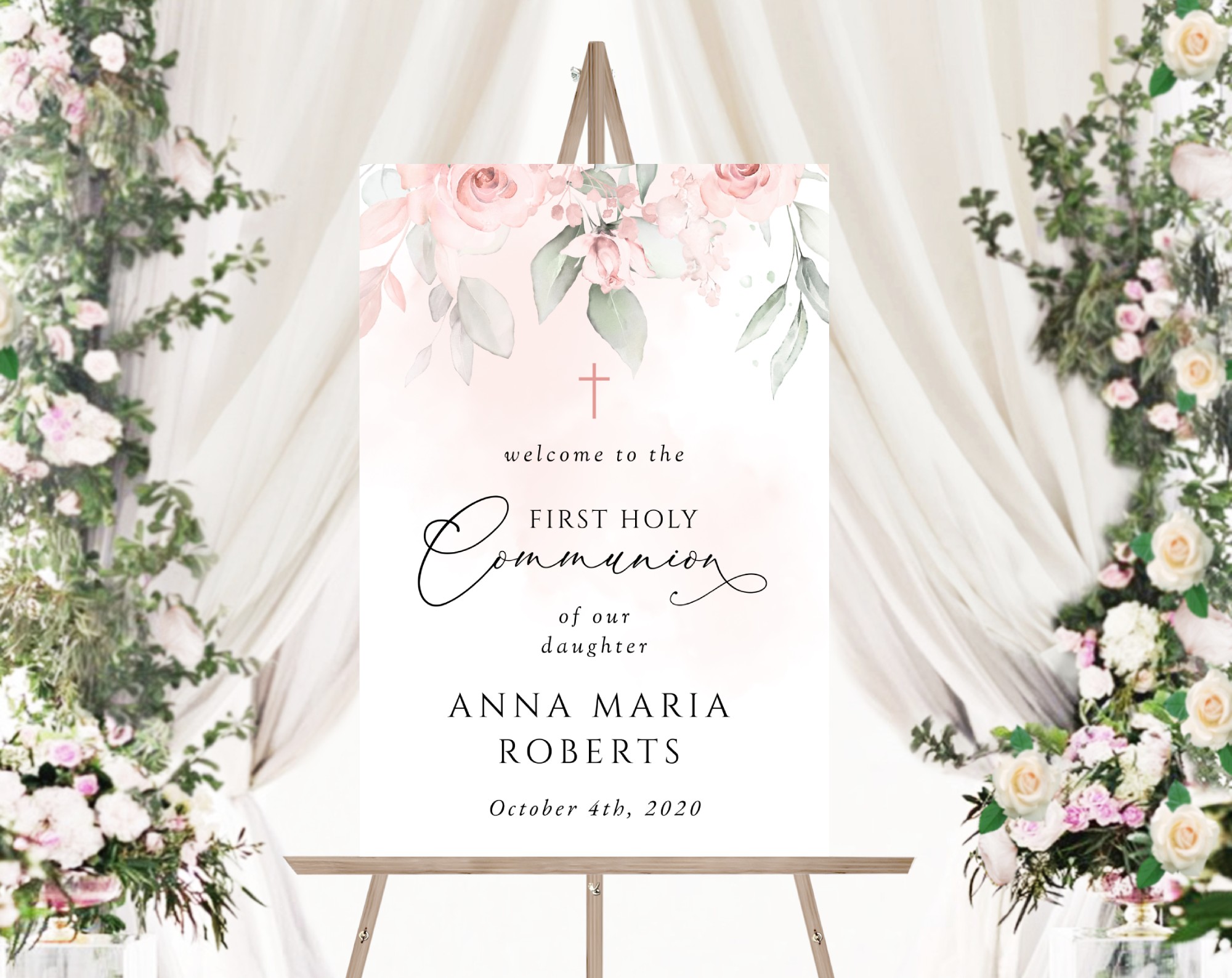 Blush Pink Flowers Welcome Sign, First Holy Communion Sign, Printable File, Edit Yourself, SH143