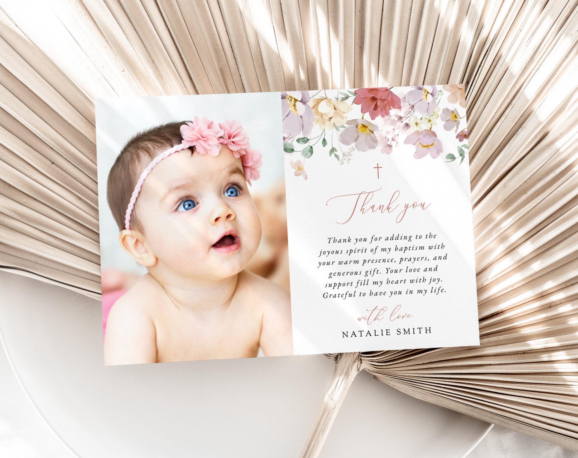 Colorful Flowers Baptism Thank You Card, Baptism Stationery, Printable File, Edit Yourself, SH144