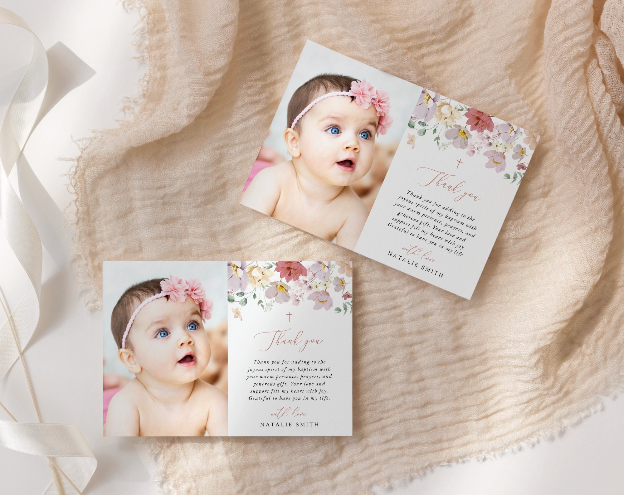Colorful Flowers Baptism Thank You Card, Baptism Stationery, Printable File, Edit Yourself, SH144