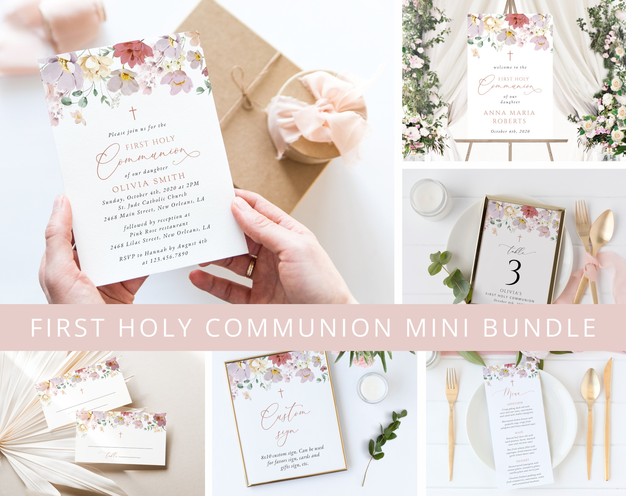 Colorful Flowers First Holy Communion Mini Bundle, Printable File, Edit Yourself, SH145