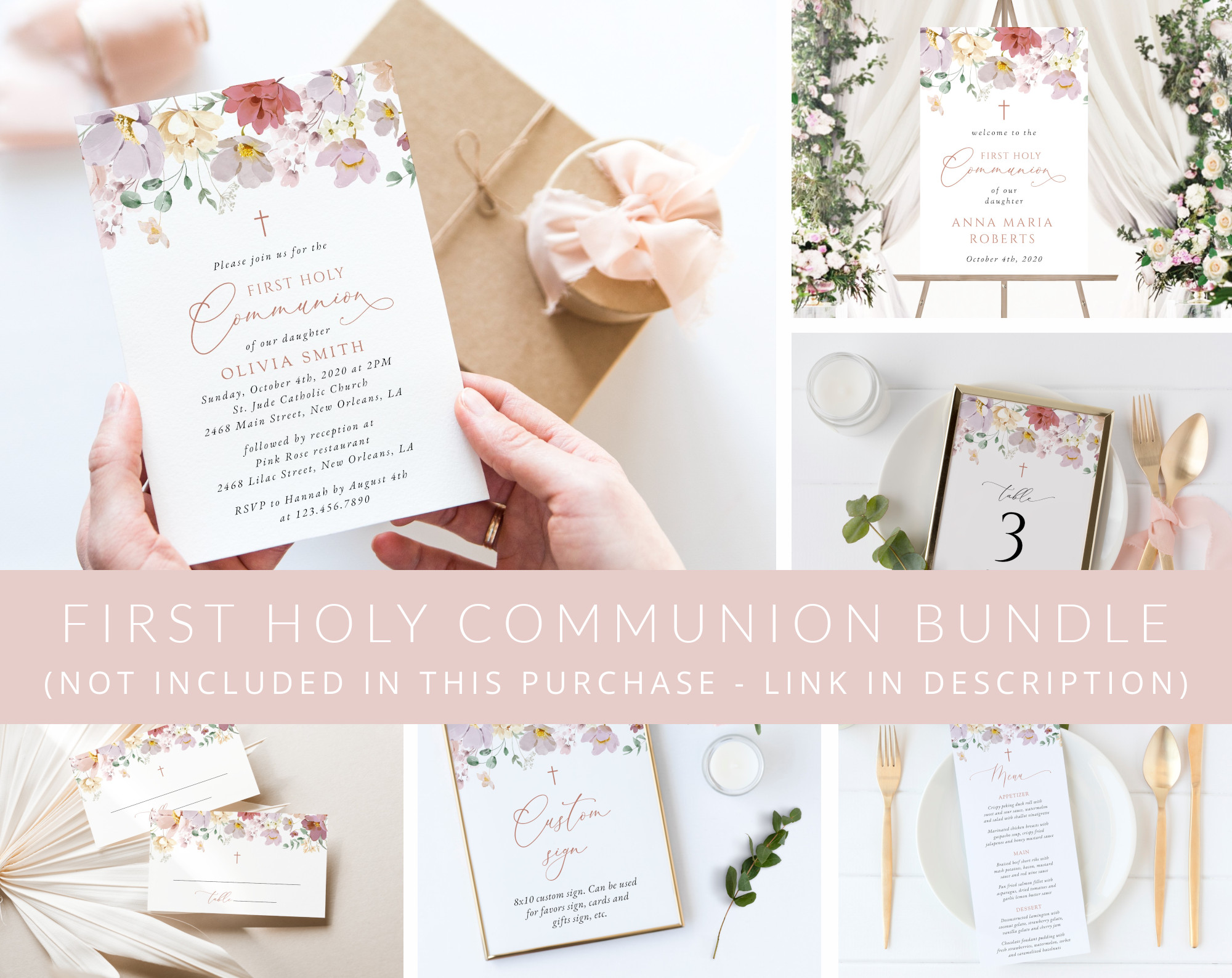 Colorful Flowers First Holy Communion Mini Bundle, Printable File, Edit Yourself, SH145
