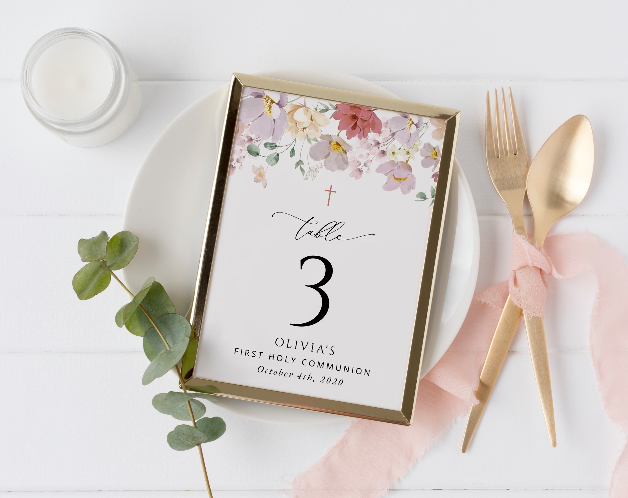 Colorful Flowers Table Number Sign, First Holy Communion Sign, Printable File, Edit Yourself, SH145