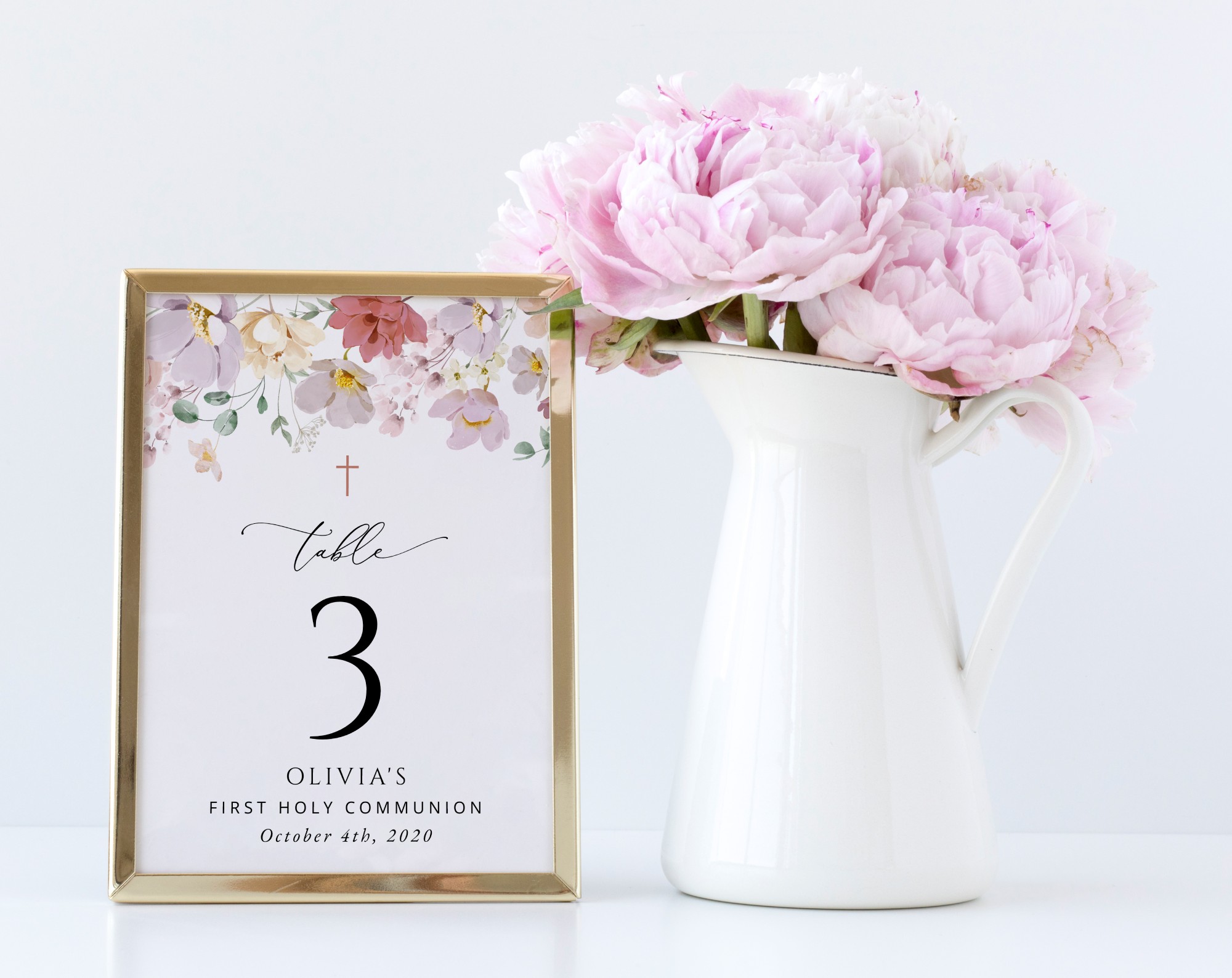Colorful Flowers Table Number Sign, First Holy Communion Sign, Printable File, Edit Yourself, SH145