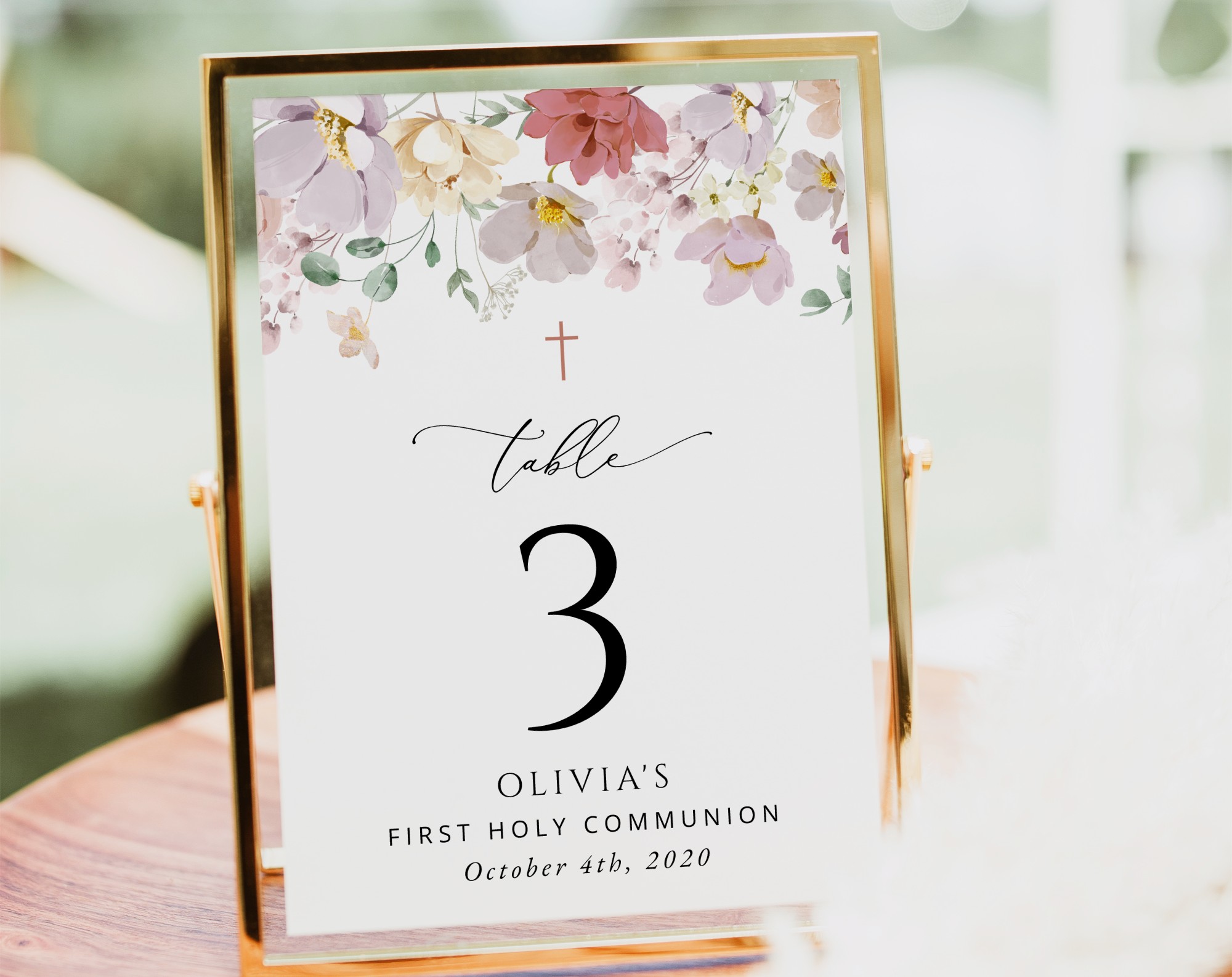 Colorful Flowers Table Number Sign, First Holy Communion Sign, Printable File, Edit Yourself, SH145