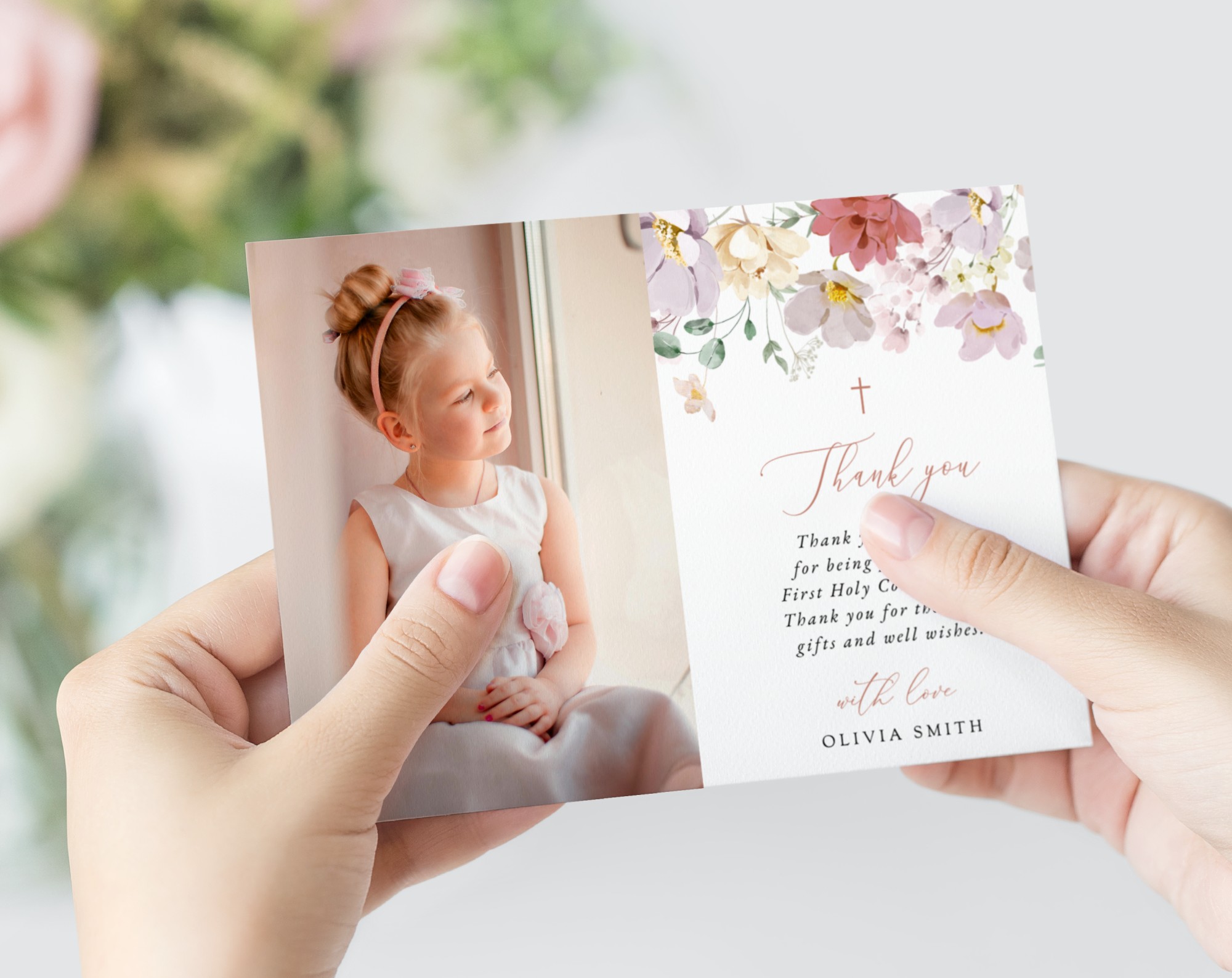 Colorful Flowers First Holy Communion Thank You Card, Printable File, Edit Yourself, SH145