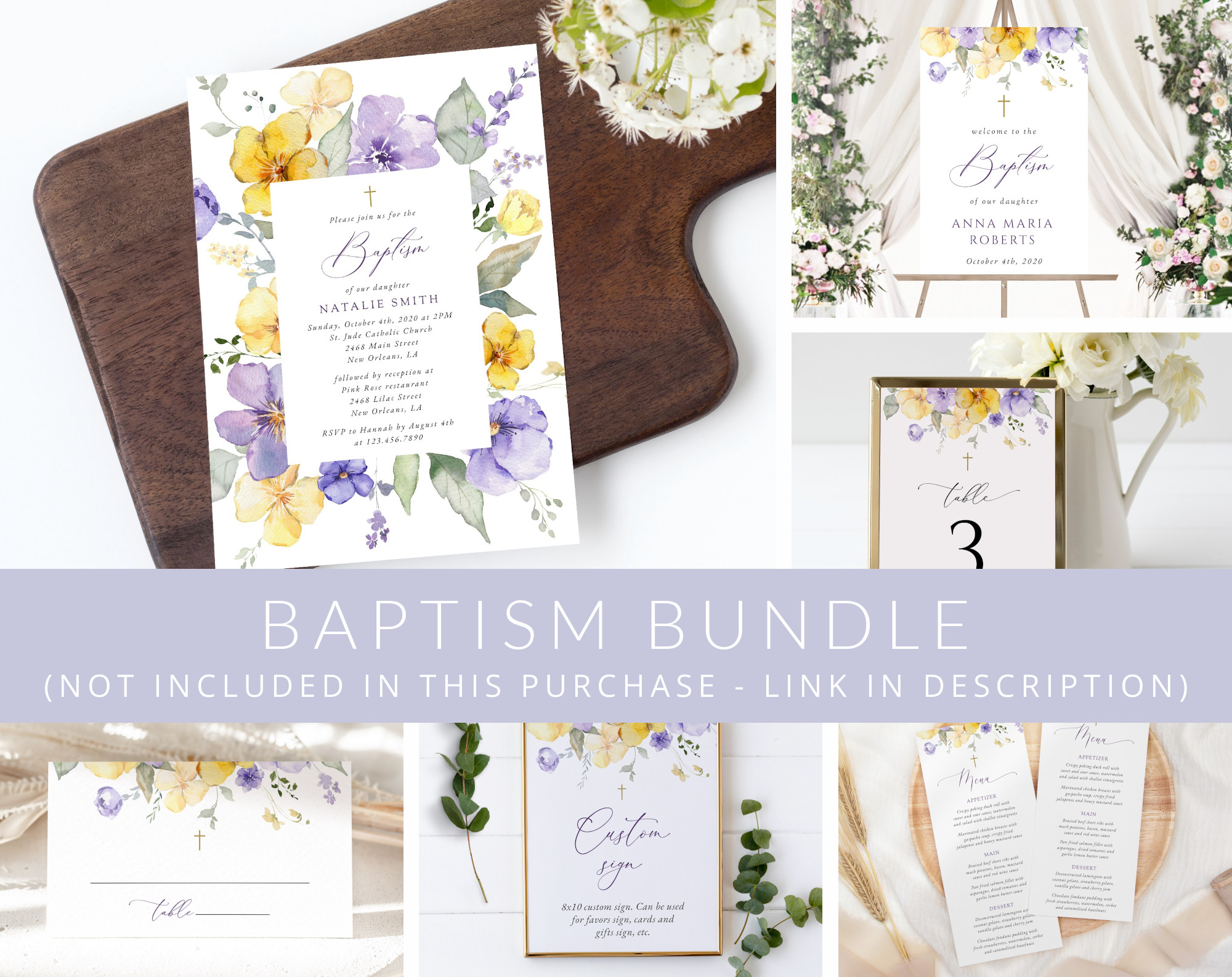 Purple and Yellow Flowers Baptism Mini Bundle, Printable File, Edit Yourself, SH146