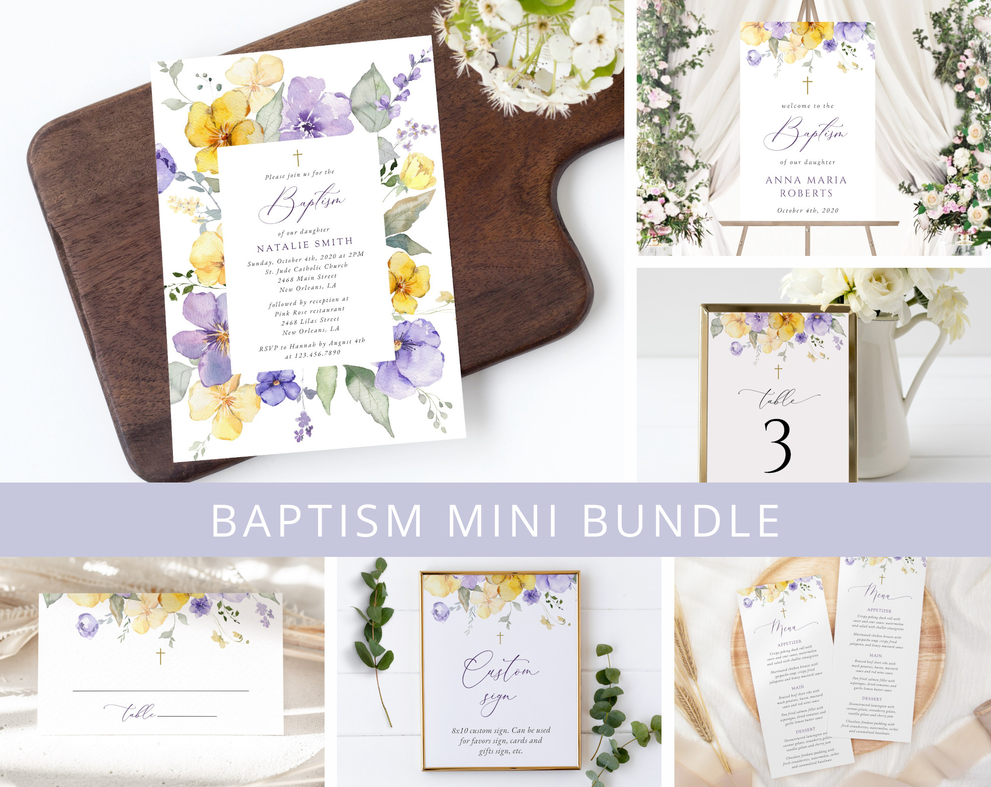 Purple and Yellow Flowers Baptism Mini Bundle, Printable File, Edit Yourself, SH146