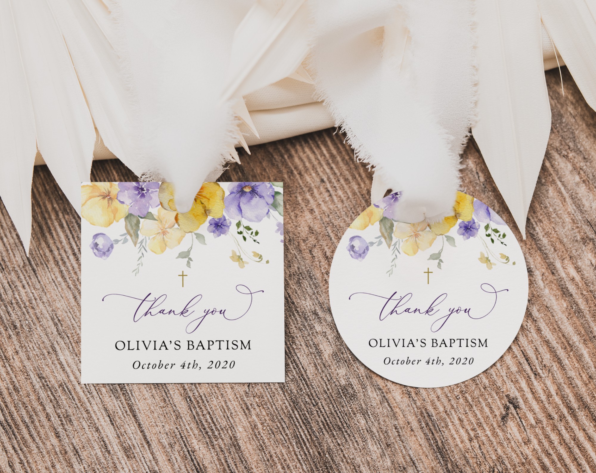 Purple and Yellow Flowers Baptism Favor Tags, Gift Tags, Printable File, Edit Yourself, SH146
