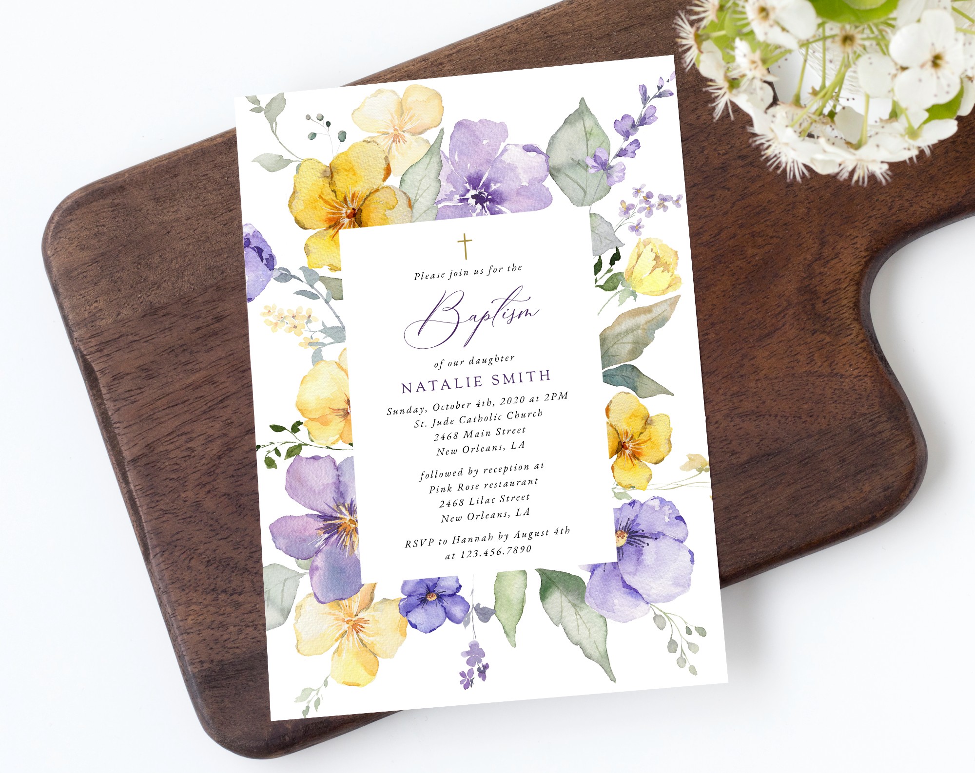 Purple and Yellow Flowers Baptism Invitation, Baptism Stationery, Printable File, Edit Yourself, SH146
