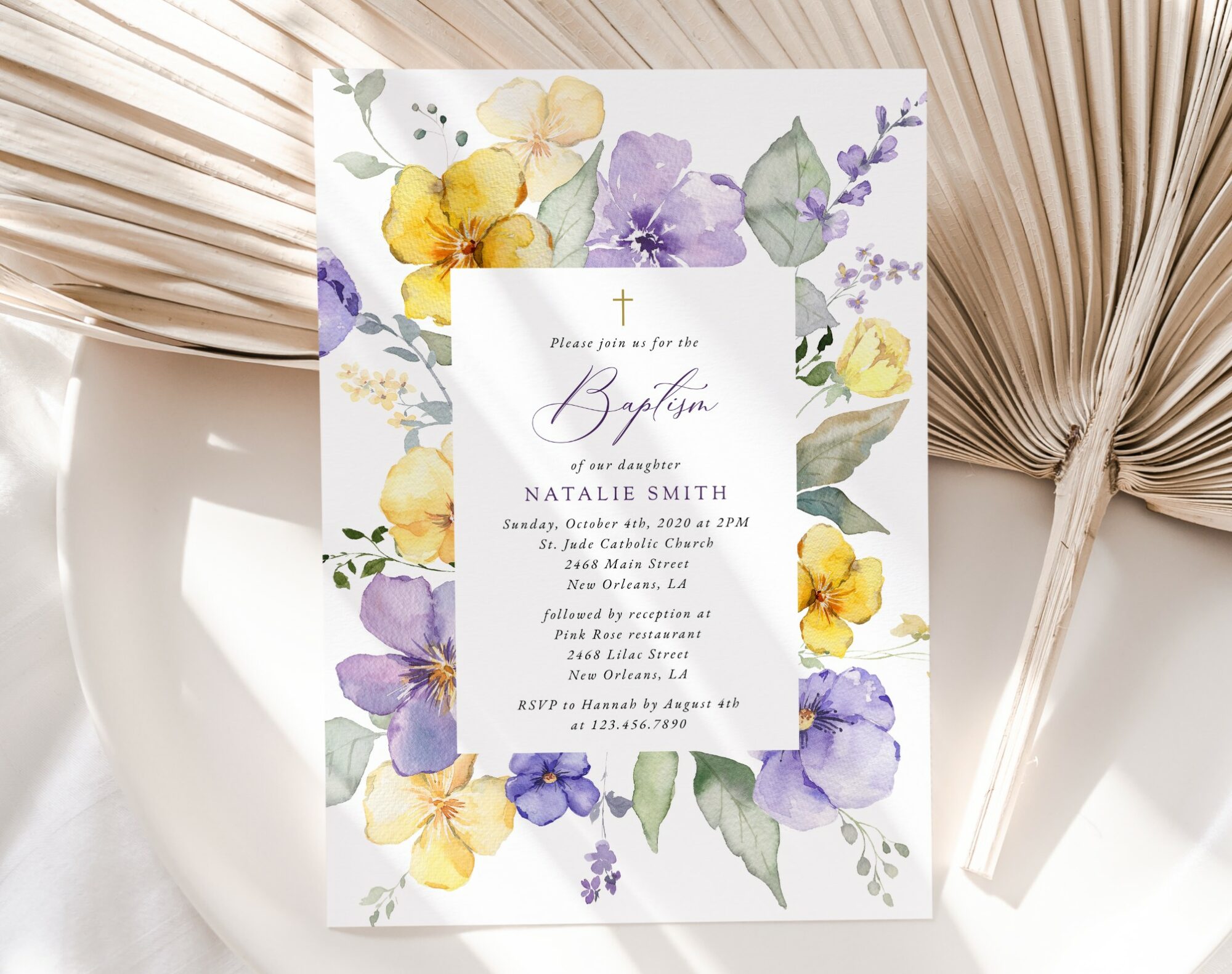 Purple and Yellow Flowers Baptism Invitation, Baptism Stationery, Printable File, Edit Yourself, SH146