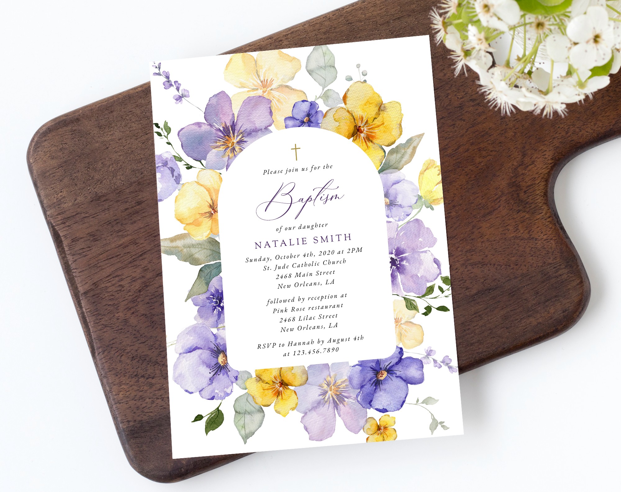 Purple and Yellow Flowers Baptism Invite, Baptism Stationery, Printable File, Edit Yourself, SH146