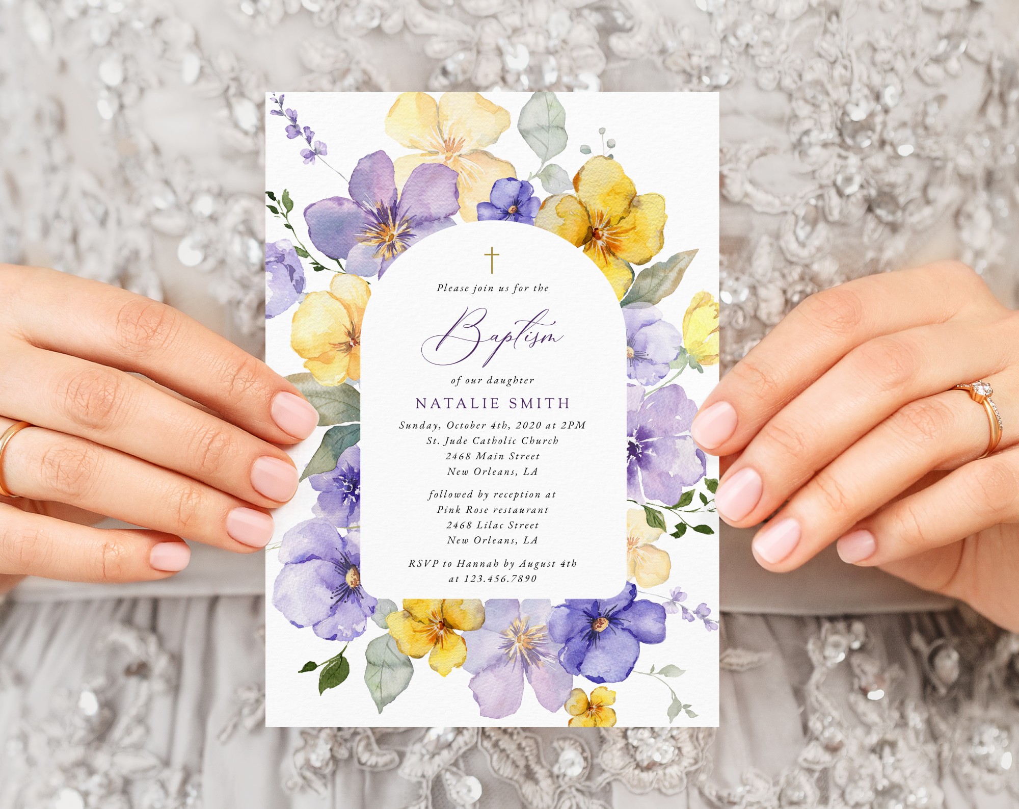 Purple and Yellow Flowers Baptism Invite, Baptism Stationery, Printable File, Edit Yourself, SH146