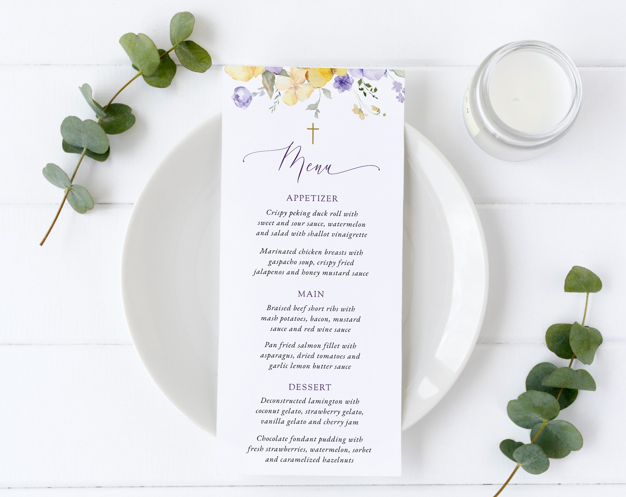 Purple and Yellow Flowers Menu, Baptism, First Holy Communion, Printable File, Edit Yourself, SH146 SH147