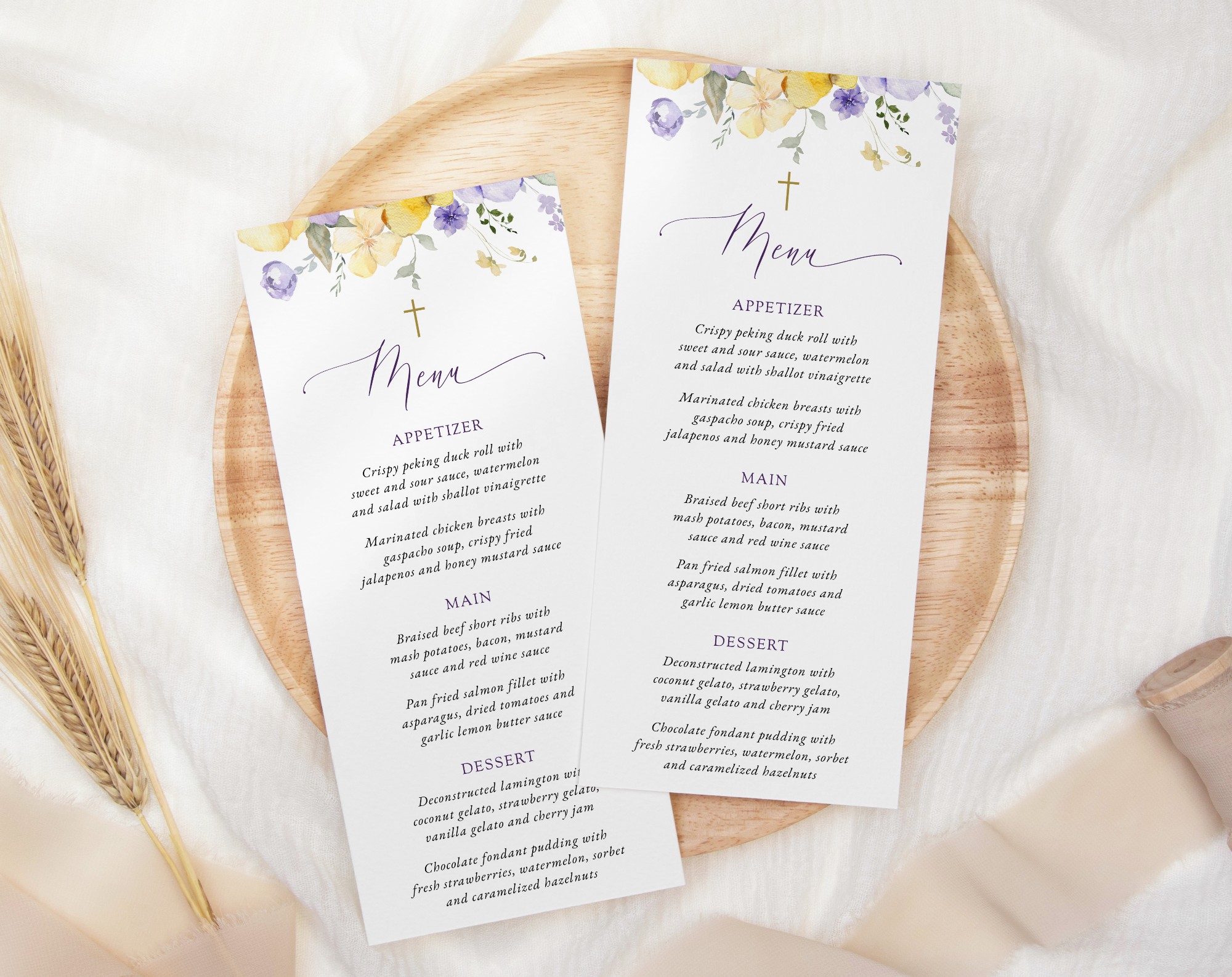 Purple and Yellow Flowers Menu, Baptism, First Holy Communion, Printable File, Edit Yourself, SH146 SH147