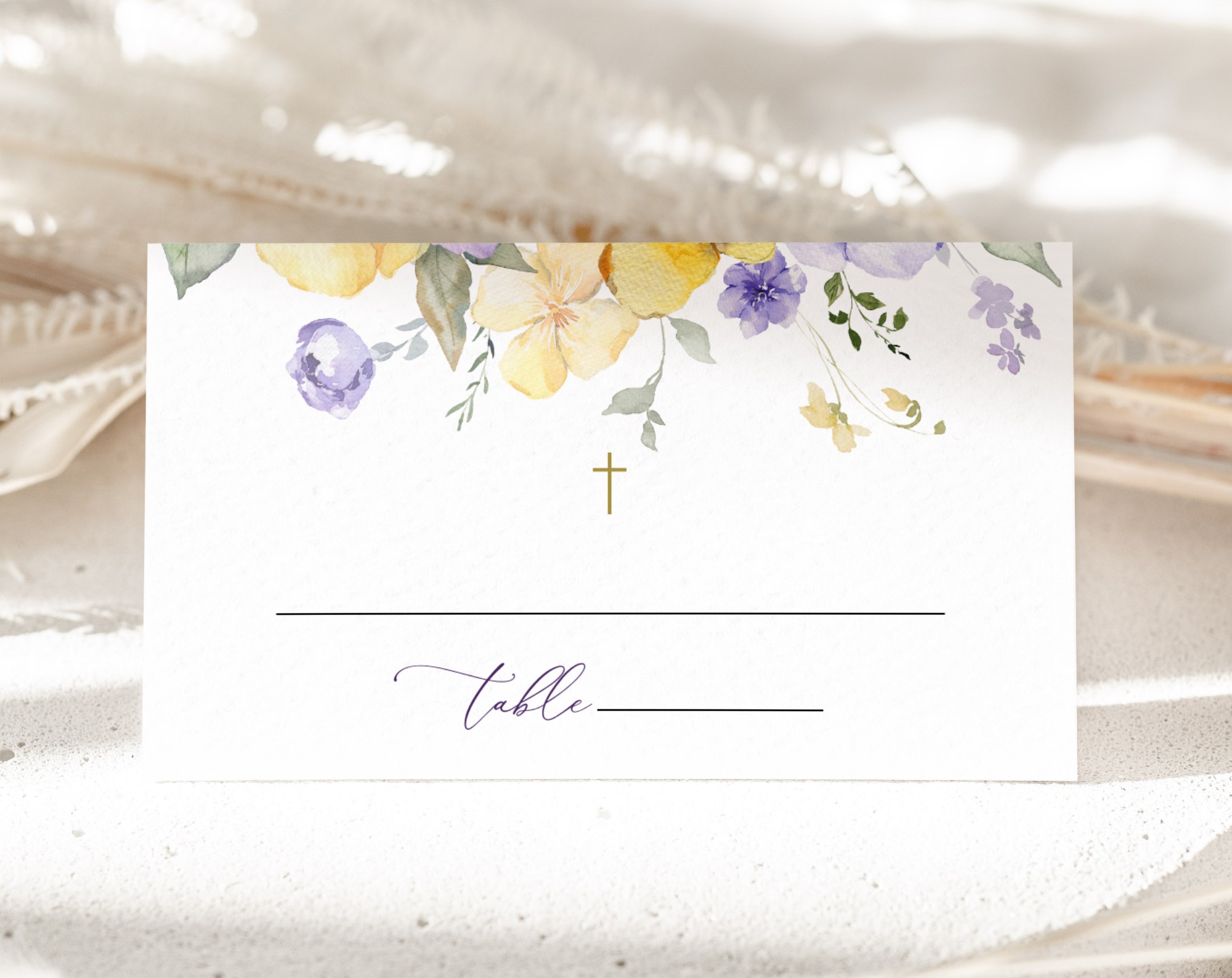 Purple and Yellow Flowers Place Card, Baptism, First Holy Communion, Printable File, Edit Yourself, SH146 SH147