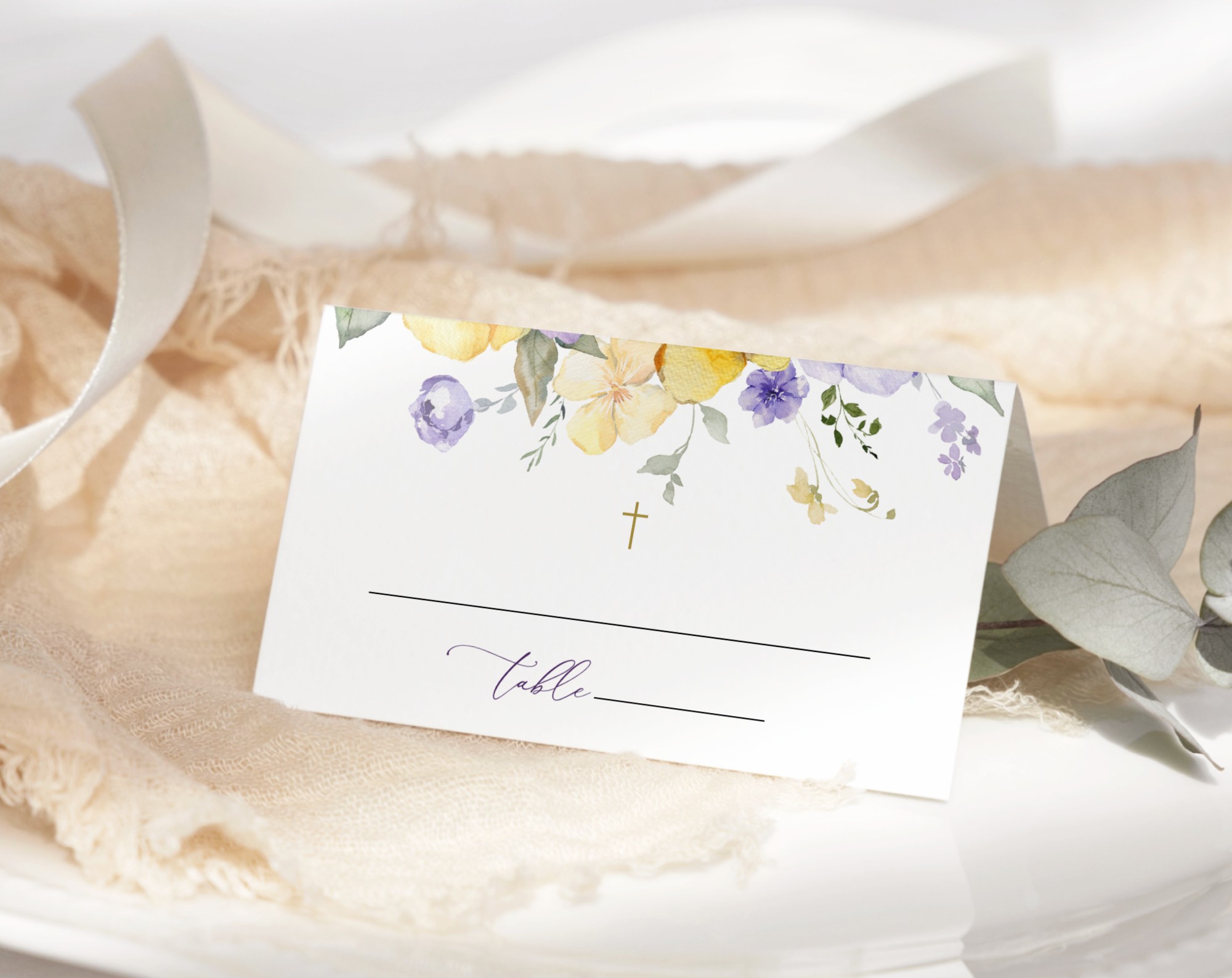 Purple and Yellow Flowers Place Card, Baptism, First Holy Communion, Printable File, Edit Yourself, SH146 SH147