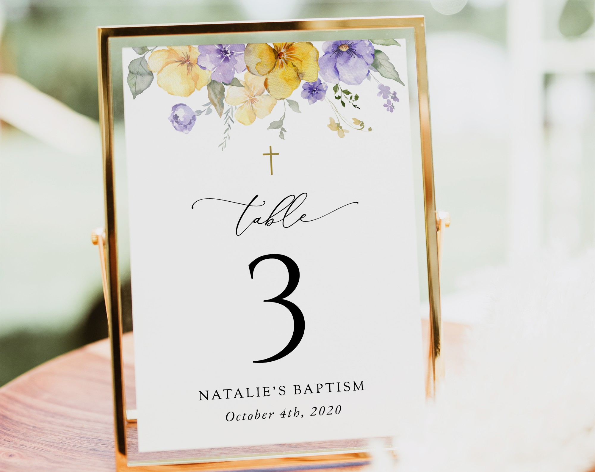 Purple and Yellow Flowers Table Number Sign, Baptism Sign, Printable File, Edit Yourself, SH146