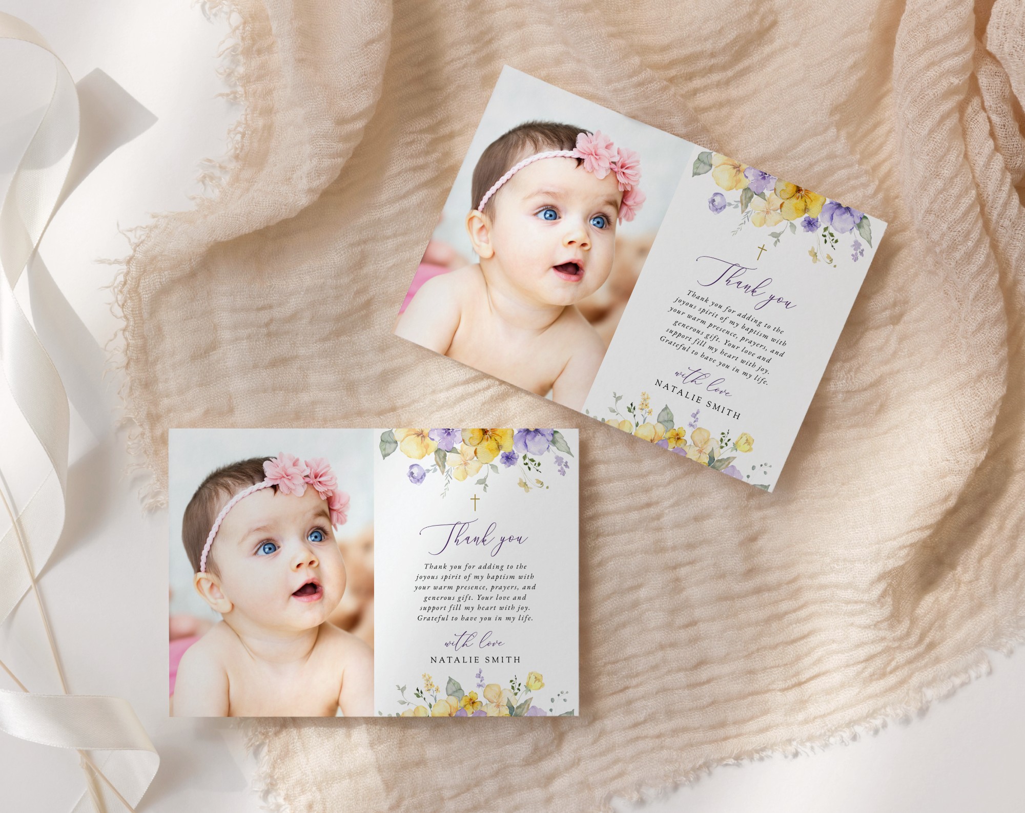 Purple and Yellow Flowers Baptism Thank You Card, Baptism Stationery, Printable File, Edit Yourself, SH146