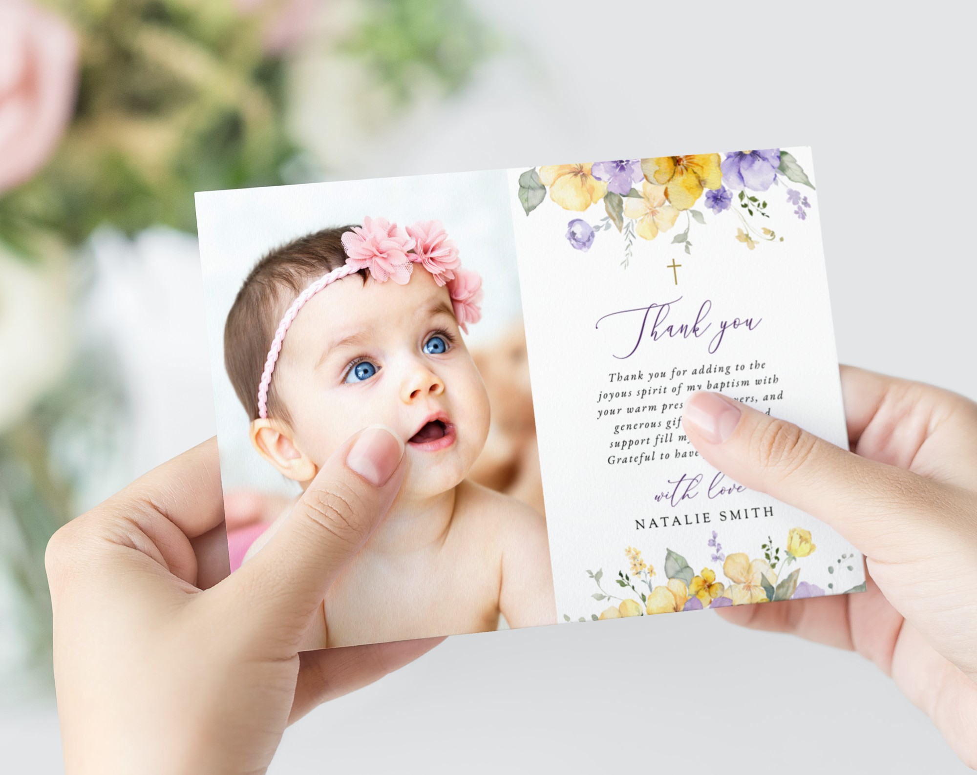 Purple and Yellow Flowers Baptism Thank You Card, Baptism Stationery, Printable File, Edit Yourself, SH146