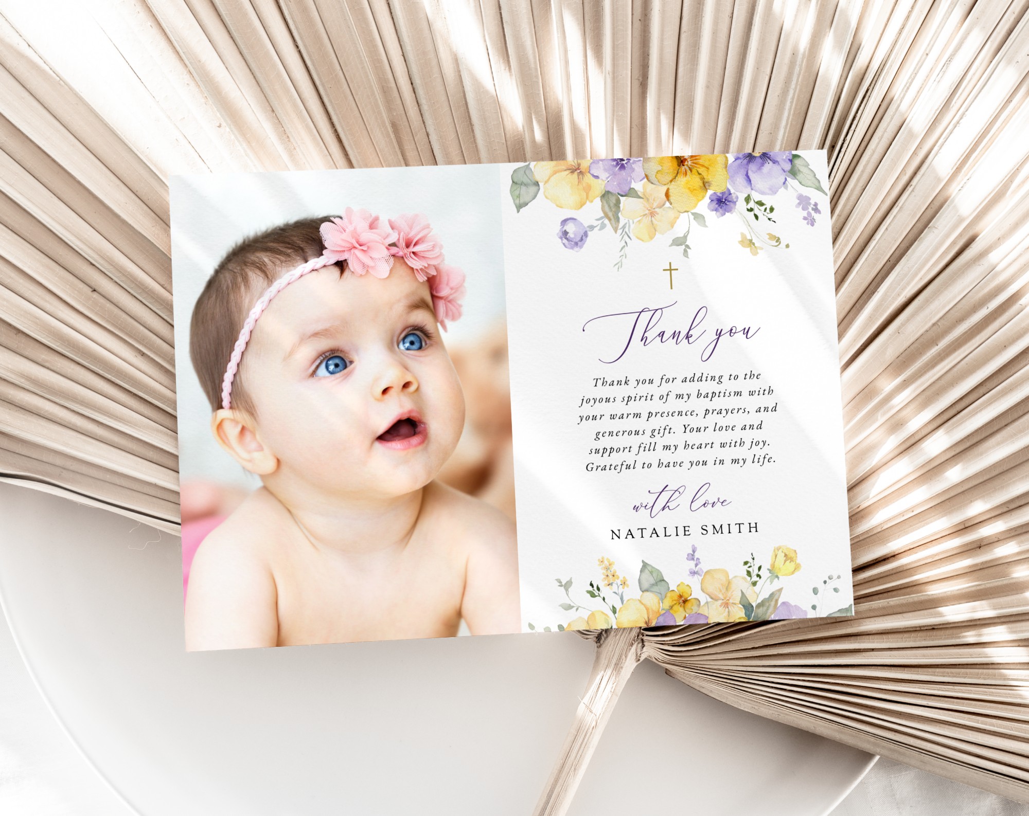 Purple and Yellow Flowers Baptism Thank You Card, Baptism Stationery, Printable File, Edit Yourself, SH146