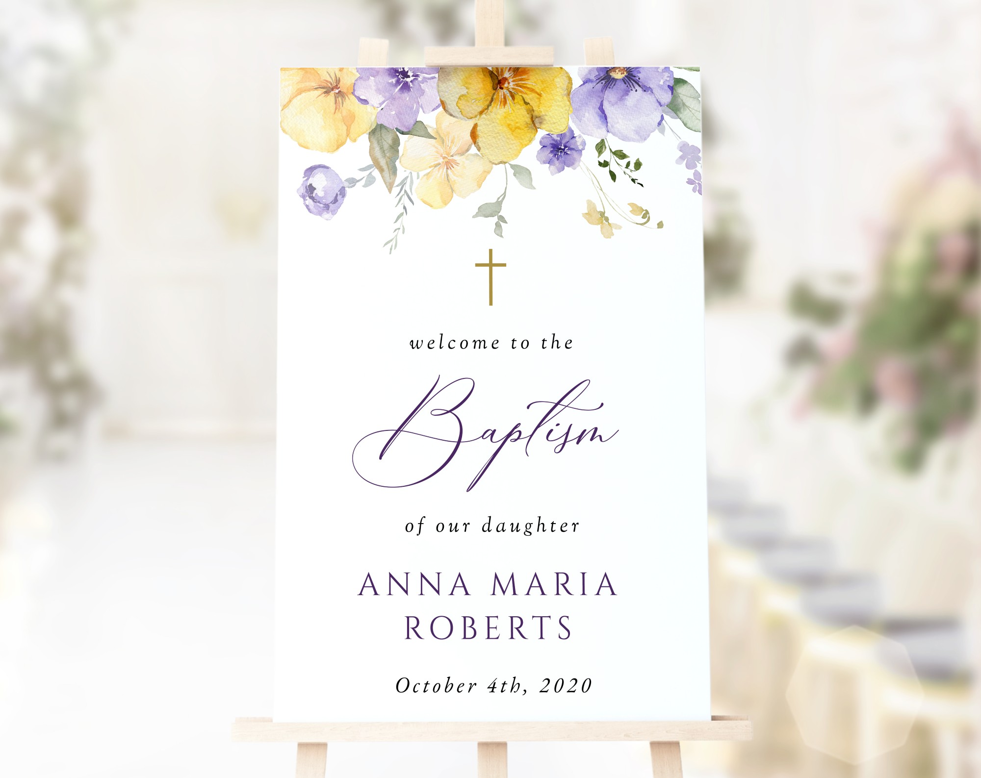 Purple and Yellow Flowers Welcome Sign, Baptism Sign, Printable File, Edit Yourself, SH146