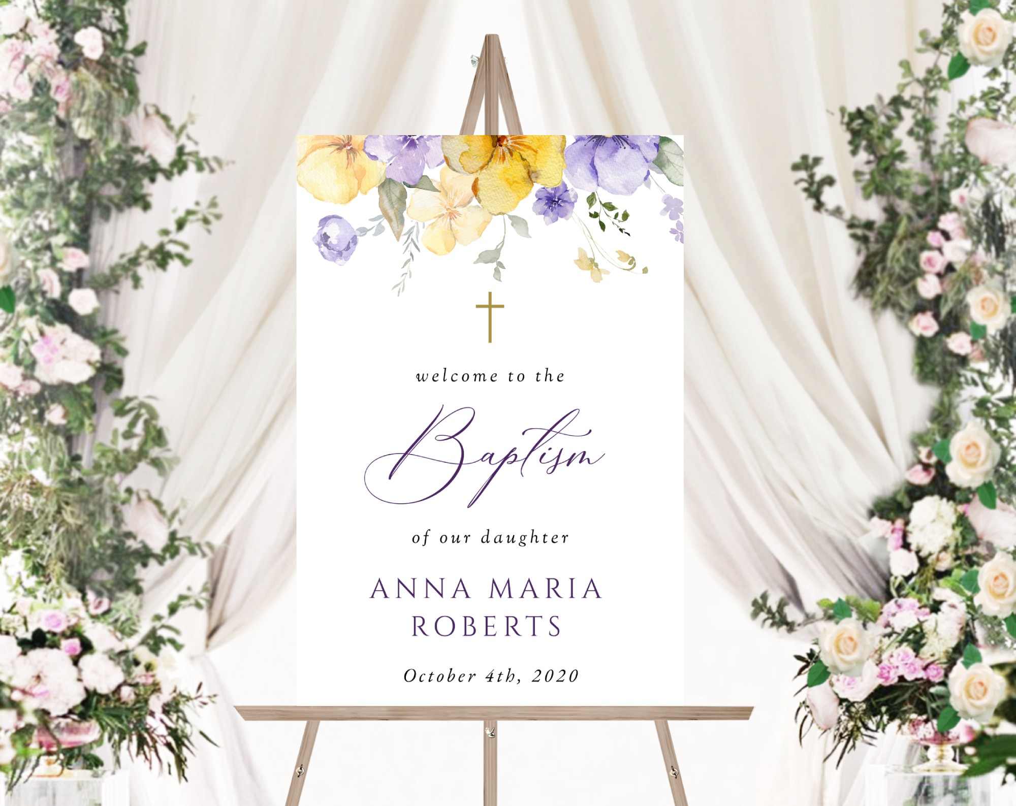 Purple and Yellow Flowers Welcome Sign, Baptism Sign, Printable File, Edit Yourself, SH146