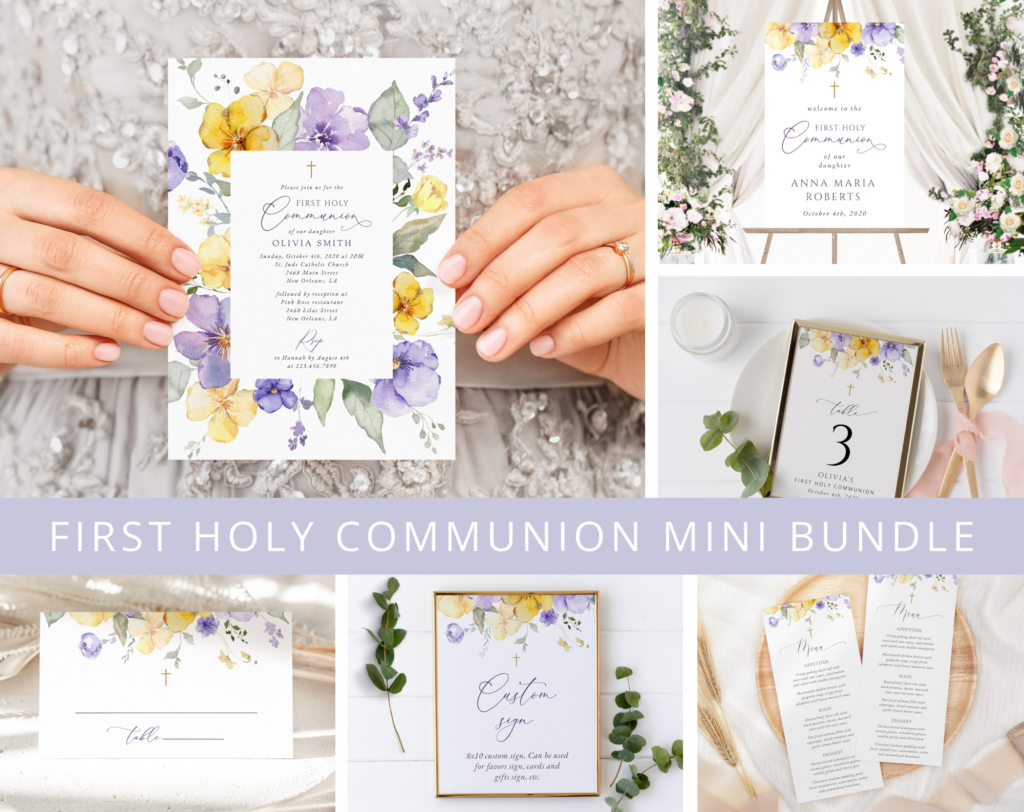 Purple and Yellow Flowers First Holy Communion Mini Bundle, Printable File, Edit Yourself, SH147