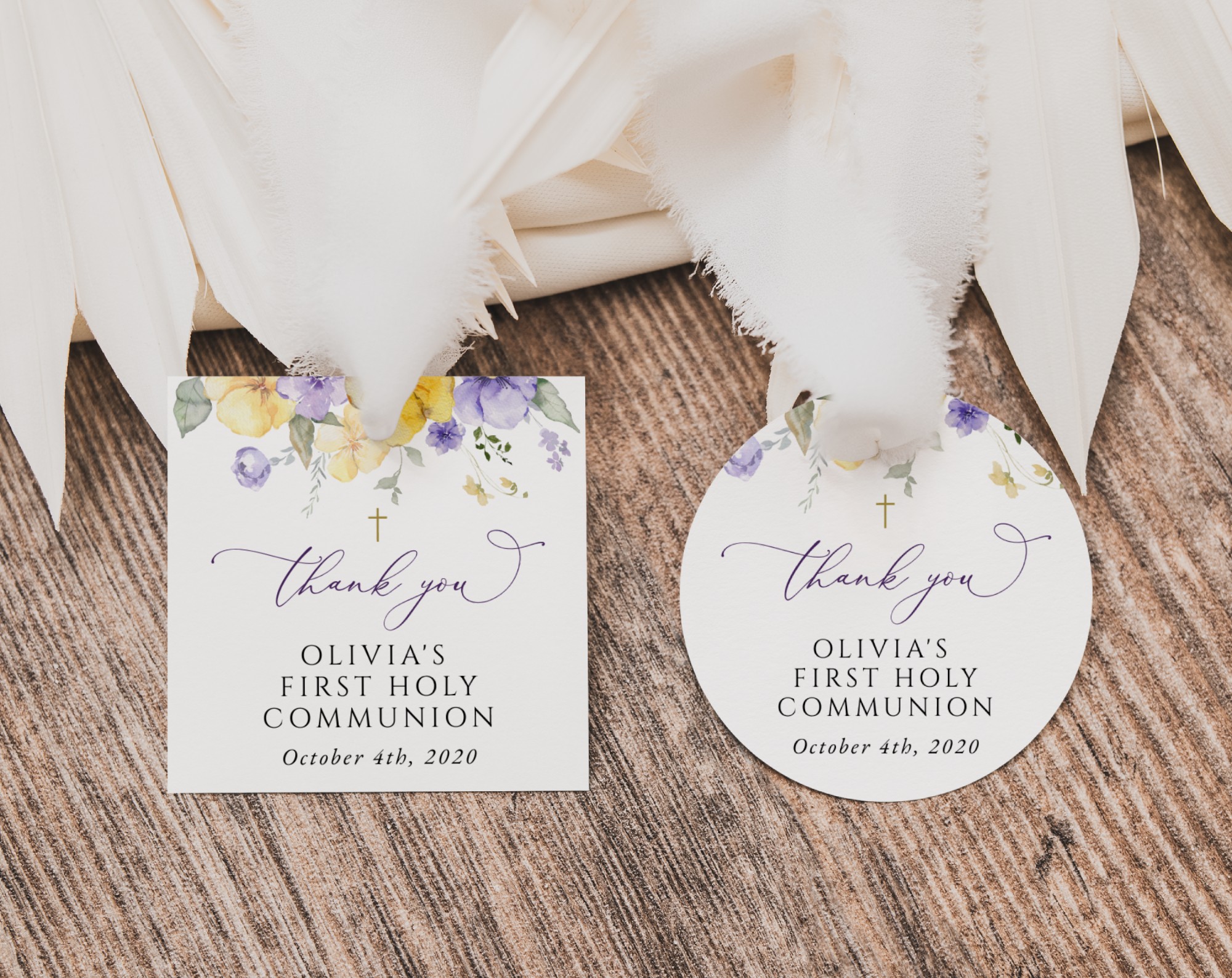 Purple and Yellow Flowers First Holy Communion Favor Tags, Printable File, Edit Yourself, SH147