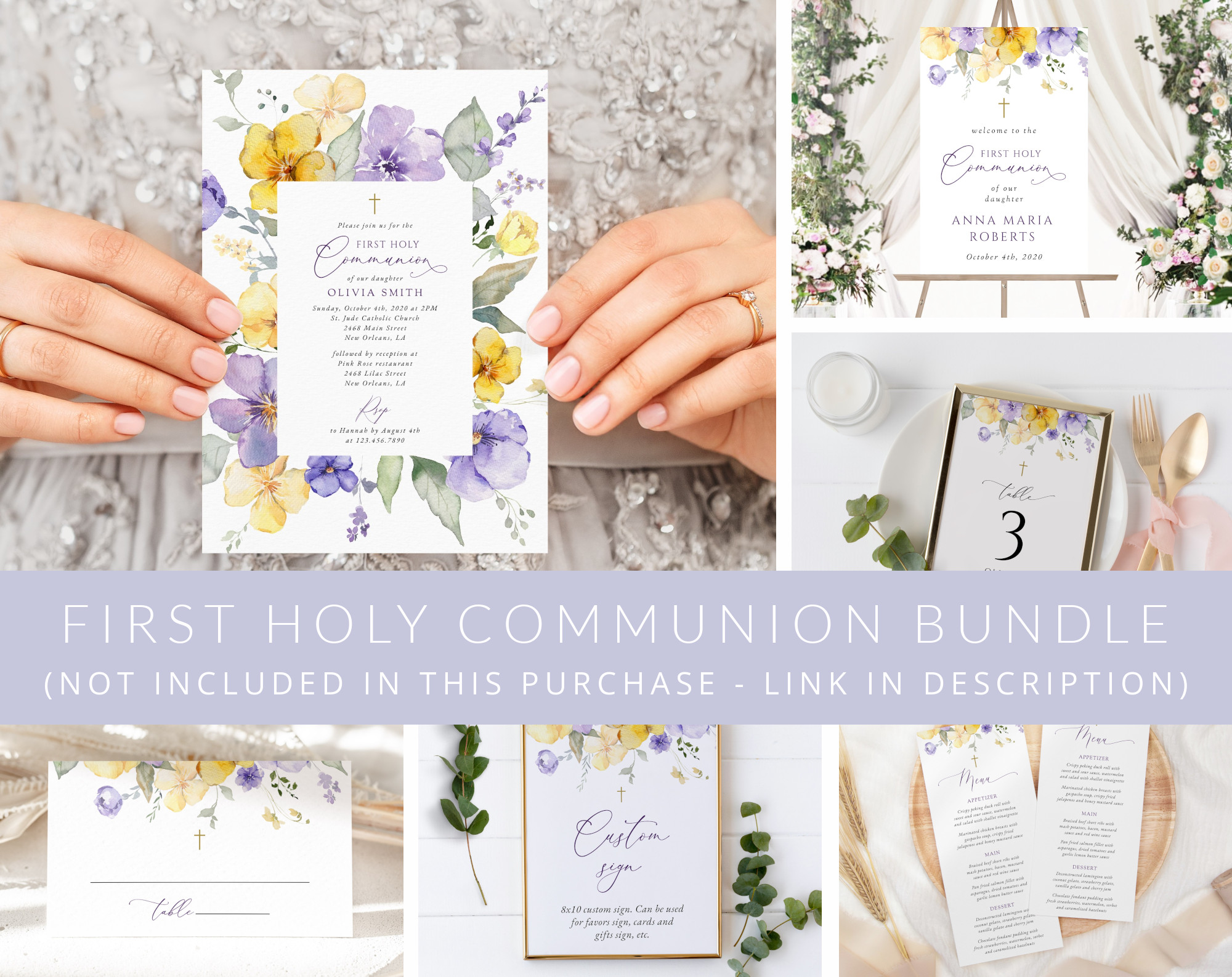 Purple and Yellow Flowers First Holy Communion Mini Bundle, Printable File, Edit Yourself, SH147