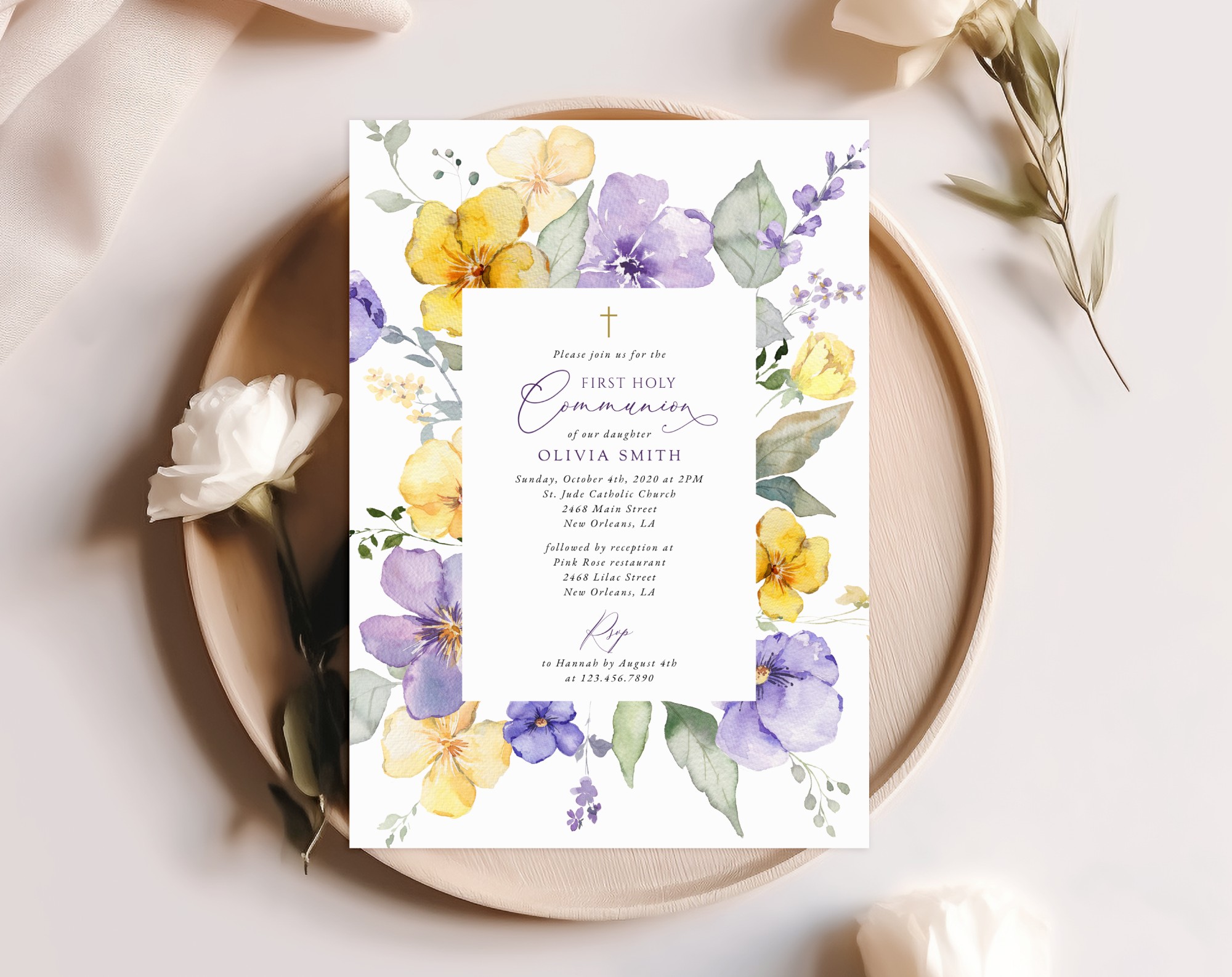 Purple and Yellow Flowers First Holy Communion Invitation, Printable File, Edit Yourself, SH147