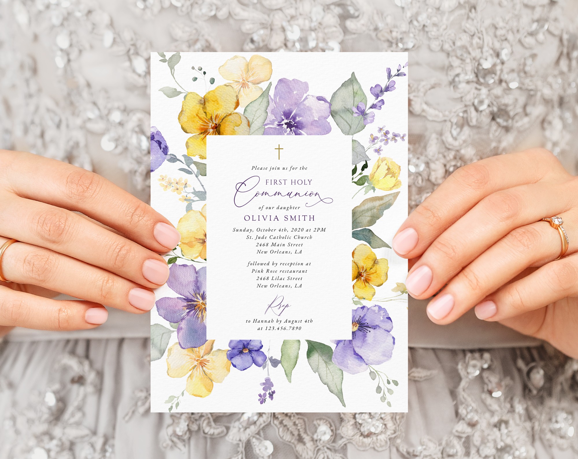 Purple and Yellow Flowers First Holy Communion Invitation, Printable File, Edit Yourself, SH147
