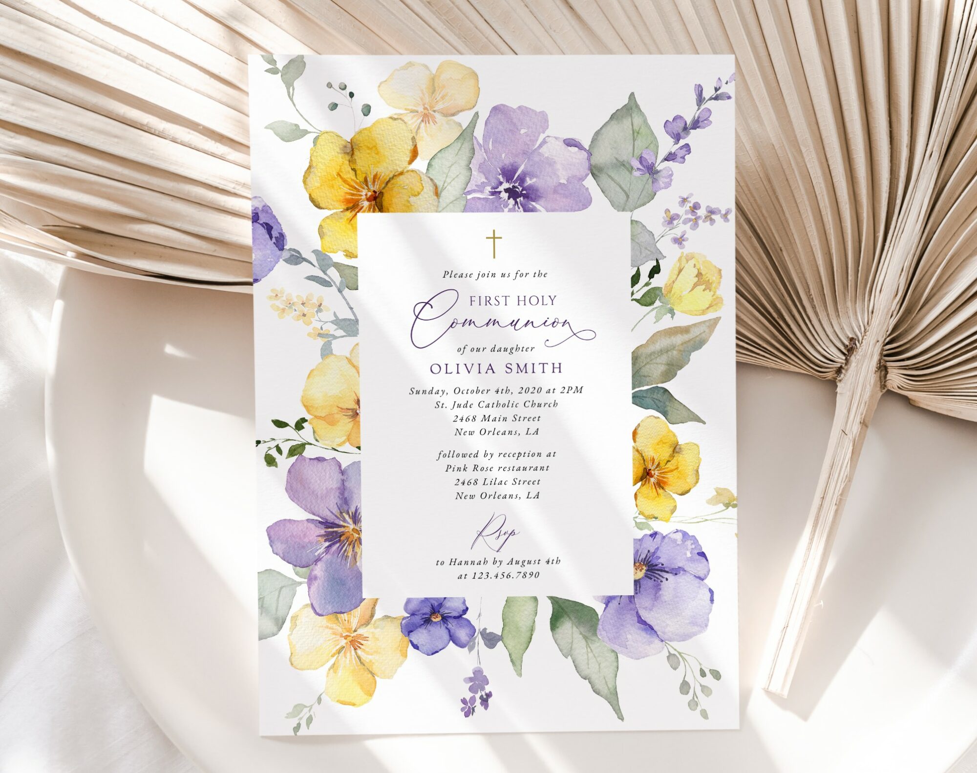 Purple and Yellow Flowers First Holy Communion Invitation, Printable File, Edit Yourself, SH147