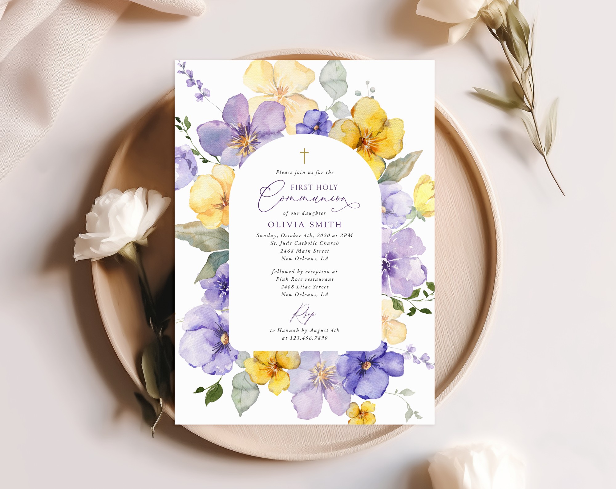 Purple and Yellow Flowers First Holy Communion Invite, Printable File, Edit Yourself, SH147