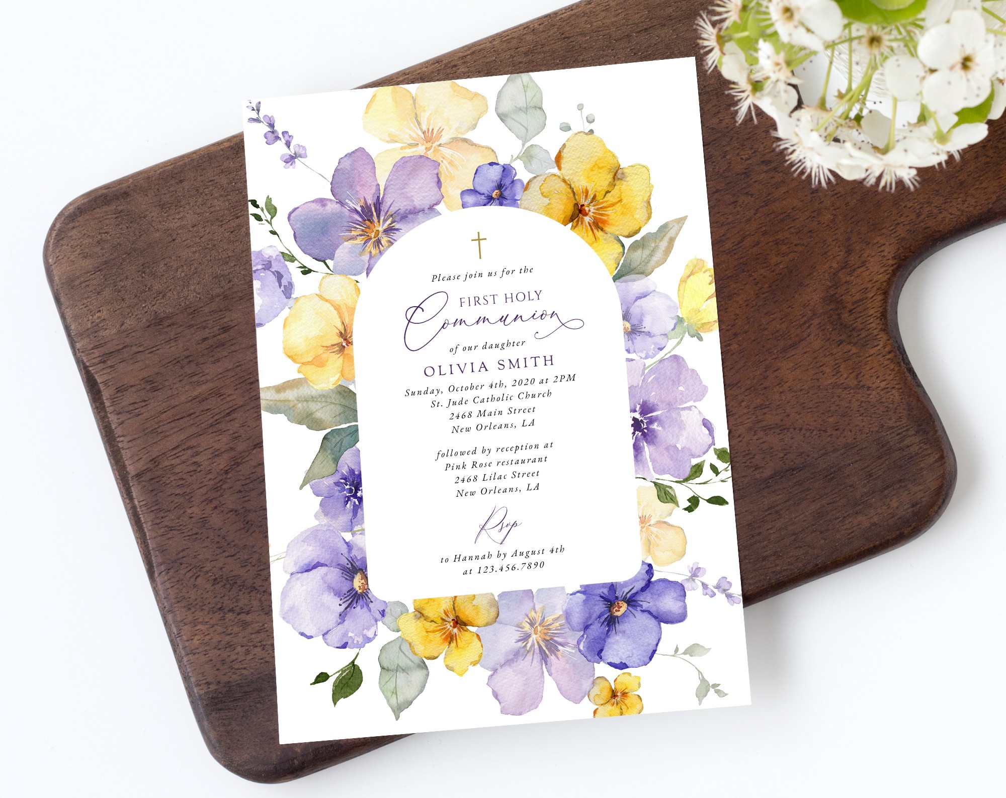 Purple and Yellow Flowers First Holy Communion Invite, Printable File, Edit Yourself, SH147