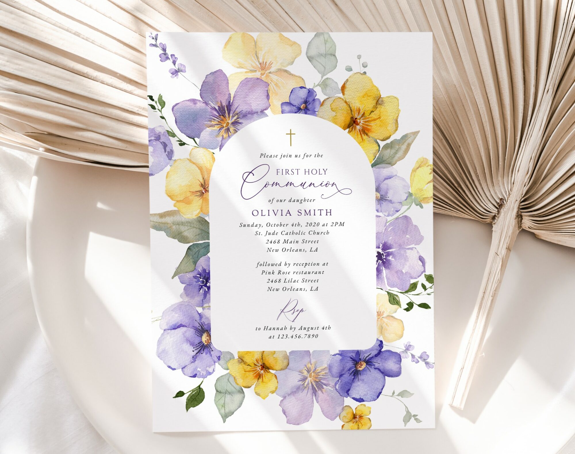 Purple and Yellow Flowers First Holy Communion Invite, Printable File, Edit Yourself, SH147