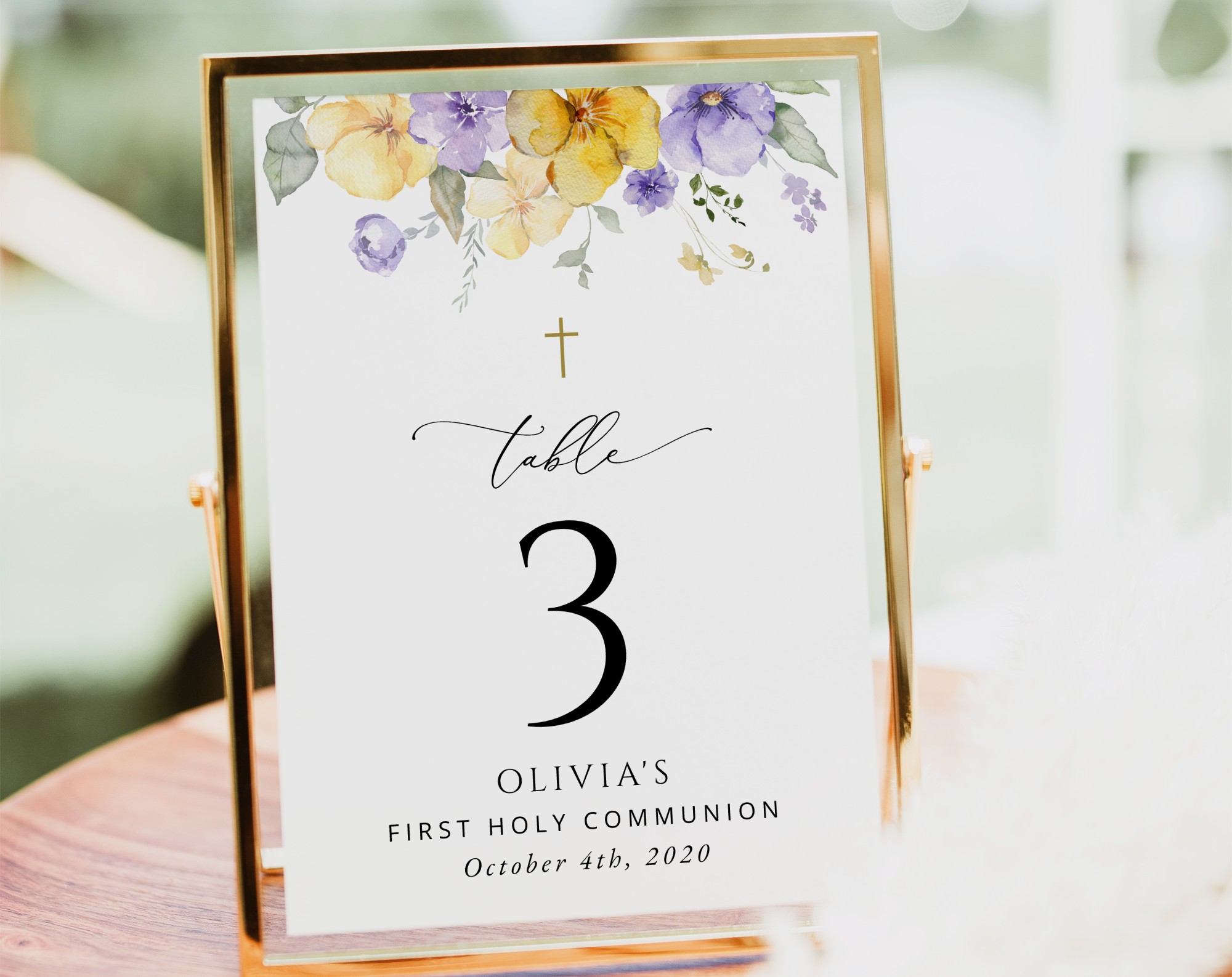 Purple and Yellow Flowers Table Number Sign, First Holy Communion Sign, Printable File, Edit Yourself, SH147
