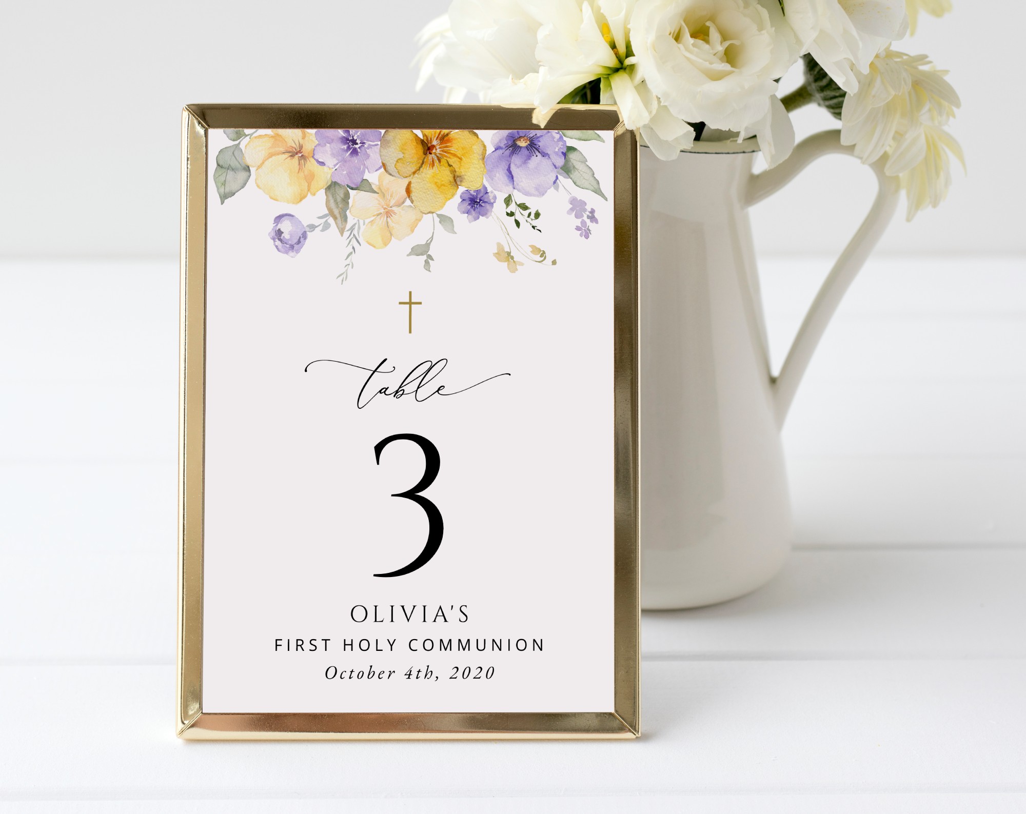 Purple and Yellow Flowers Table Number Sign, First Holy Communion Sign, Printable File, Edit Yourself, SH147