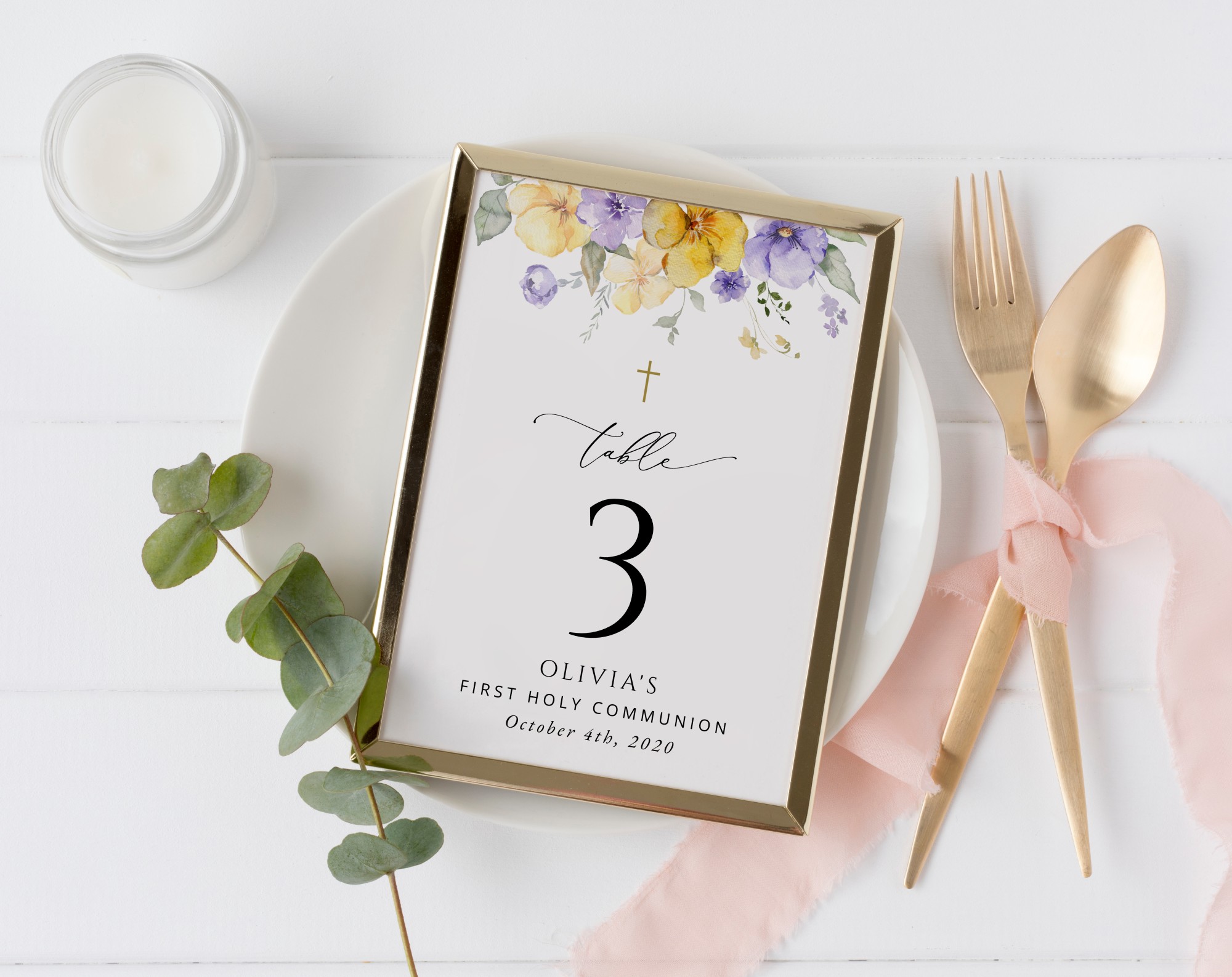 Purple and Yellow Flowers Table Number Sign, First Holy Communion Sign, Printable File, Edit Yourself, SH147