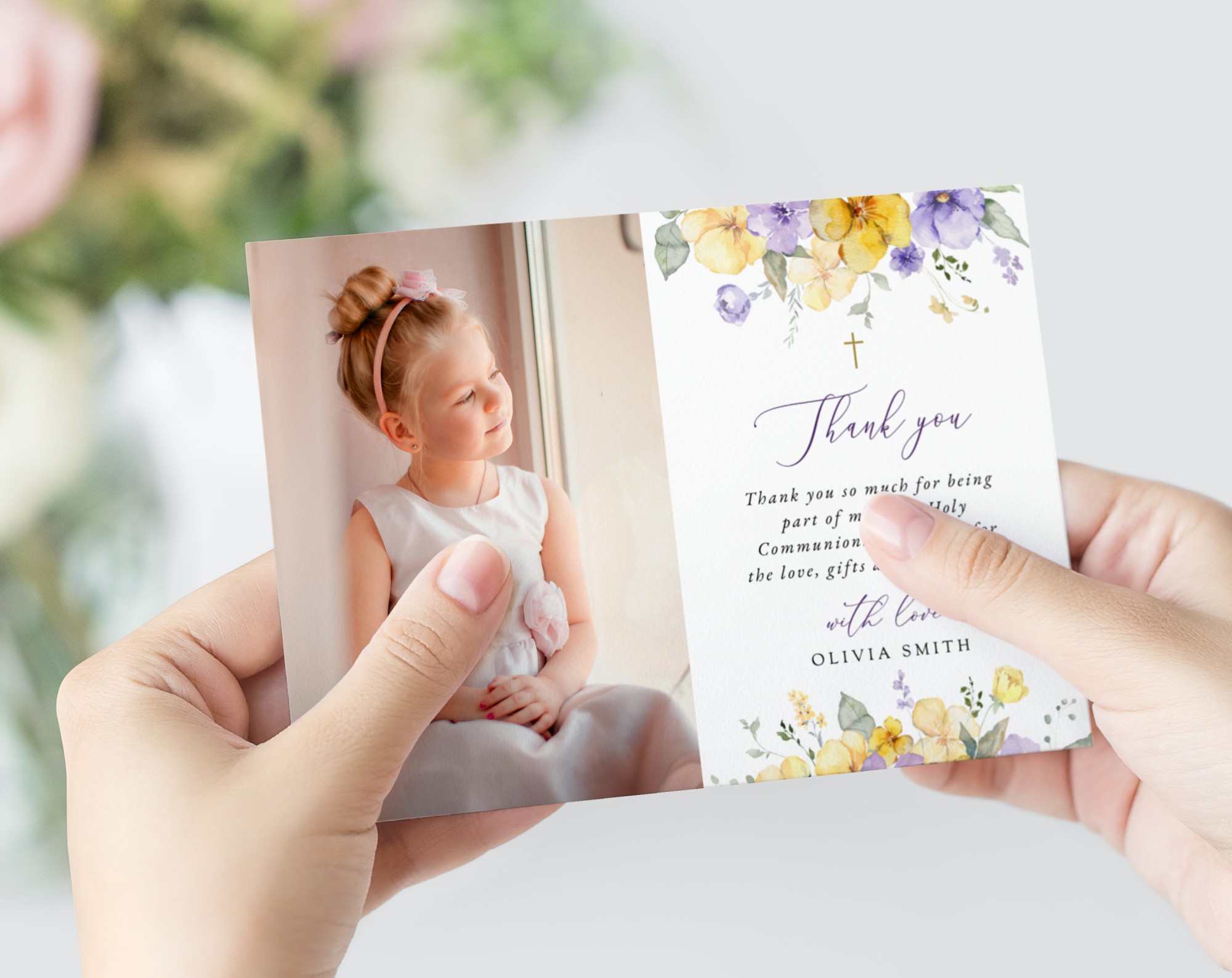 Purple and Yellow Flowers First Holy Communion Thank You Card, Printable File, Edit Yourself, SH147