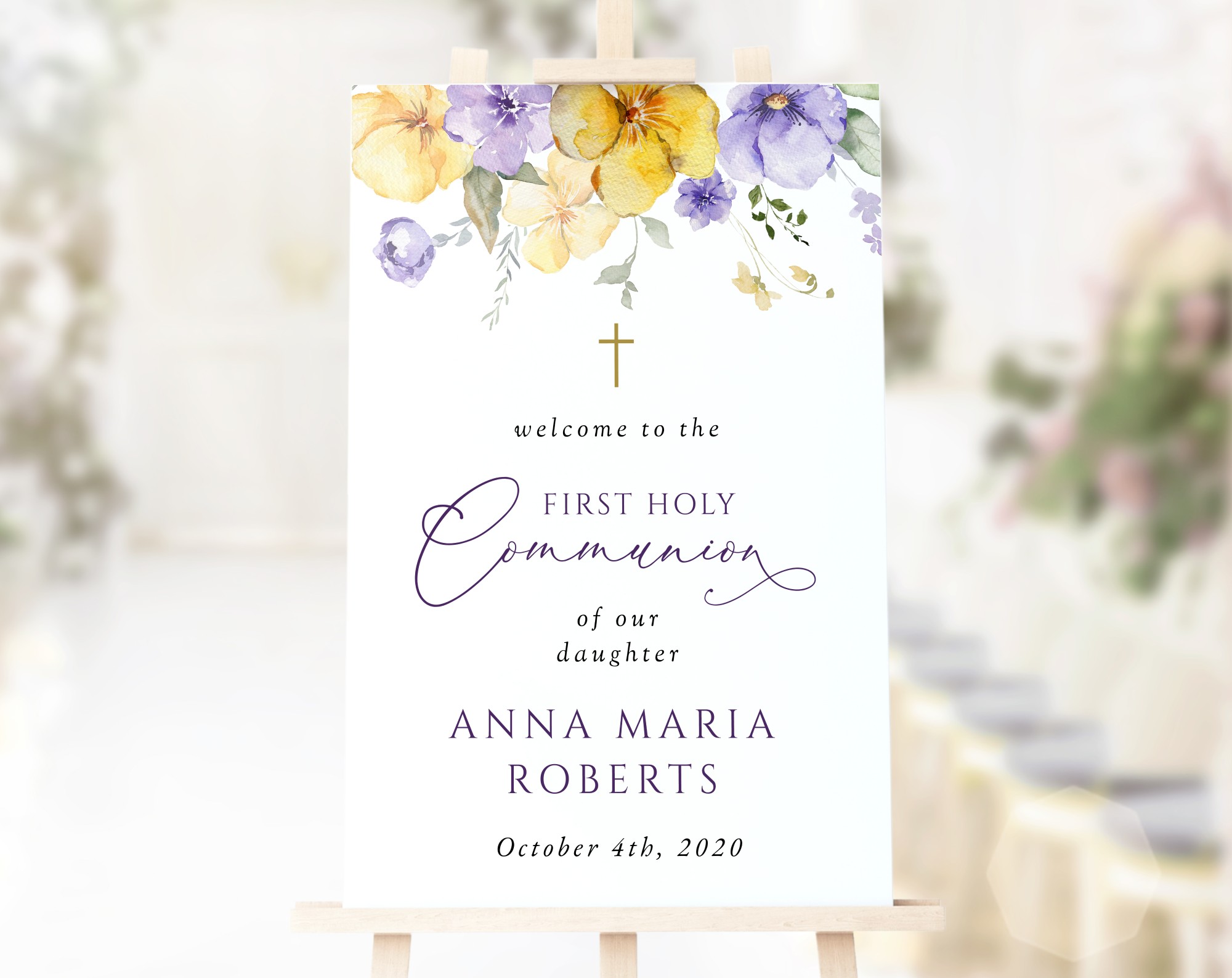 Purple and Yellow Flowers Welcome Sign, First Holy Communion Sign, Printable File, Edit Yourself, SH147 Purple and Yellow Flowers Welcome Sign, First Holy Communion Sign, Printable File, Edit Yourself, SH147