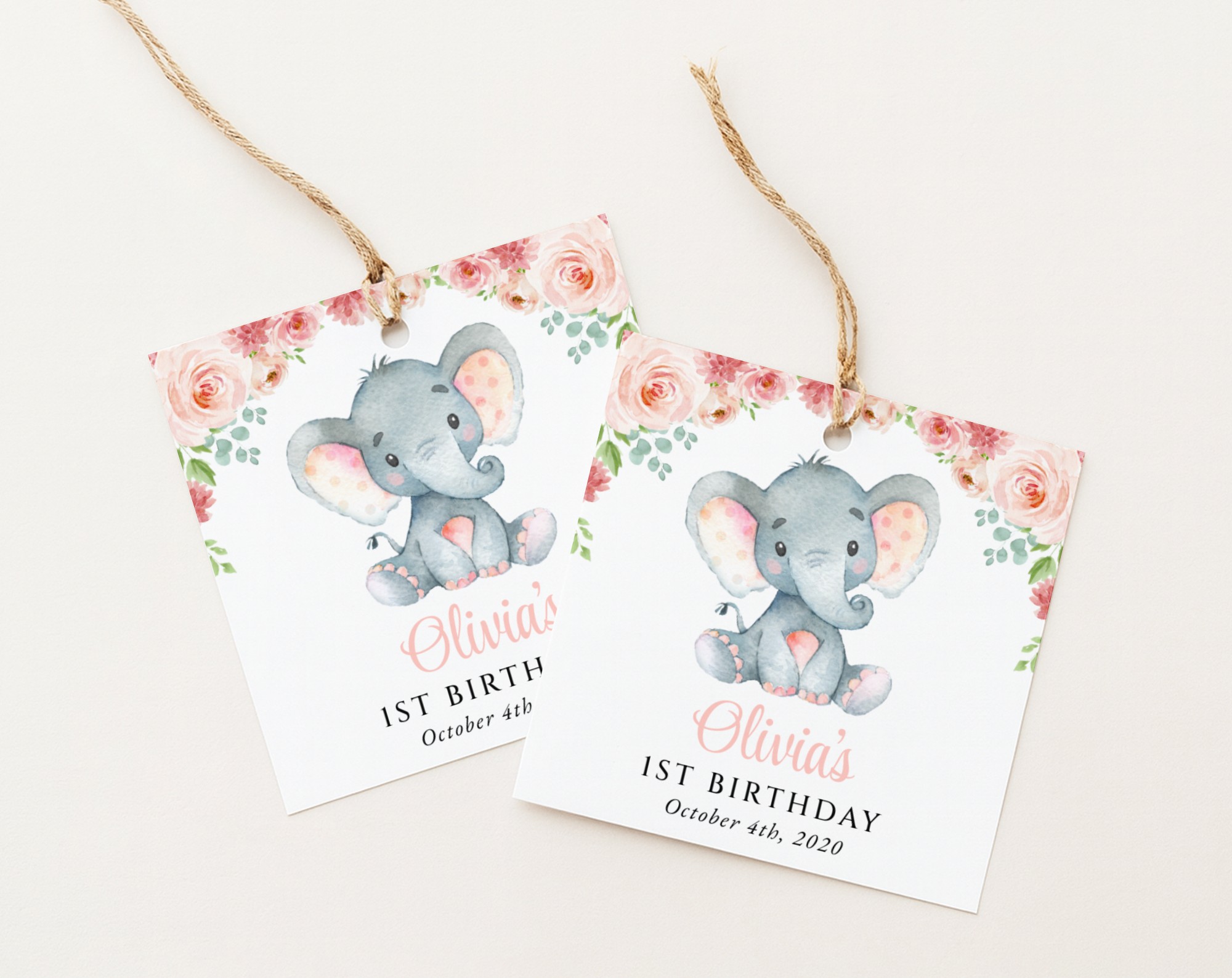 Little Elephant Favor Tags, Gift Tags, First Birthday, Girl Birthday, Printable File, Edit Yourself, SH97
