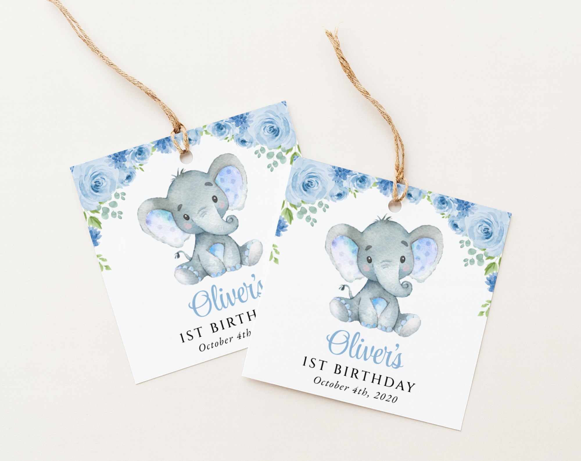 Baby Elephant Favor Tags, Gift Tags, First Birthday, Boy Birthday, Printable File, Edit Yourself, SH99