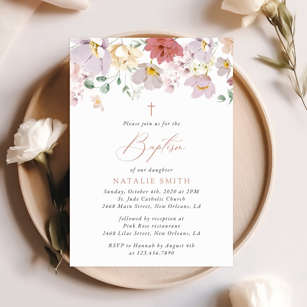 Colorful Flowers Baptism Invitation, Baptism Stationery, Printable File, Edit Yourself, SH144