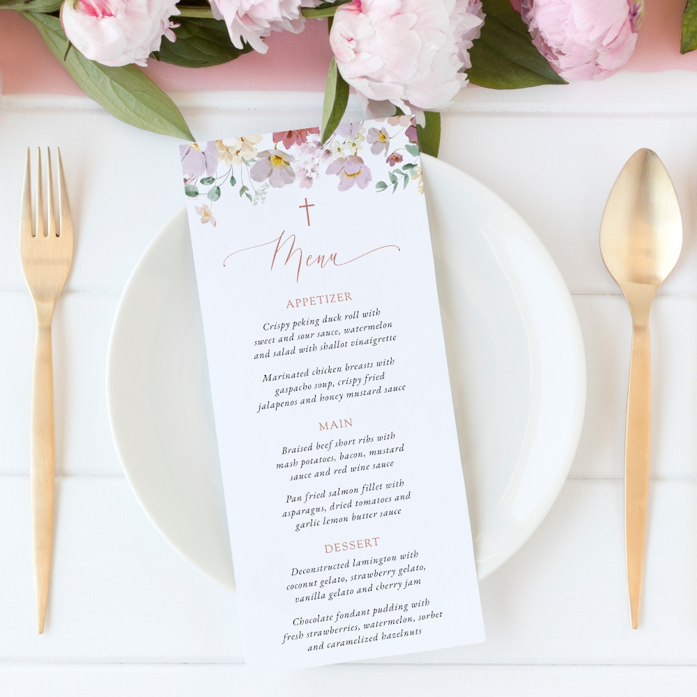 Colorful Flowers Menu, Baptism, First Holy Communion, Printable File, Edit Yourself, SH144 SH145