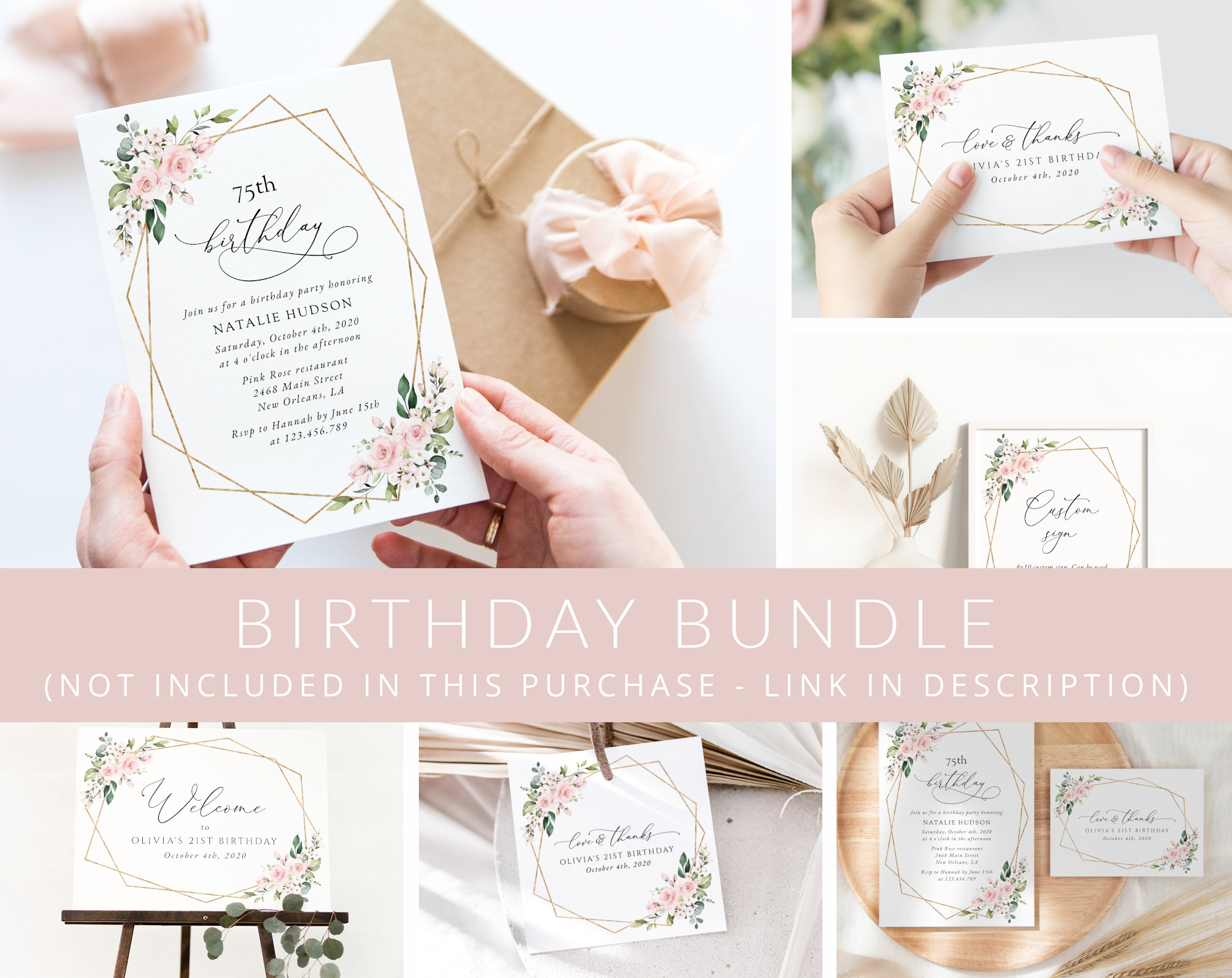Pink Flowers Birthday Mini Bundle, Girl Birthday, Any Birthday, Printable File, Edit Yourself, SH119 Pink Flowers Birthday Mini Bundle, Girl Birthday, Any Birthday, Printable File, Edit Yourself, SH119