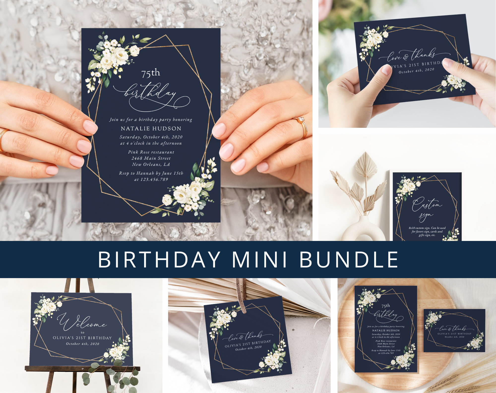 Navy and White Flowers Birthday Mini Bundle, Girl Birthday, Any Birthday, Printable File, Edit Yourself, SH121