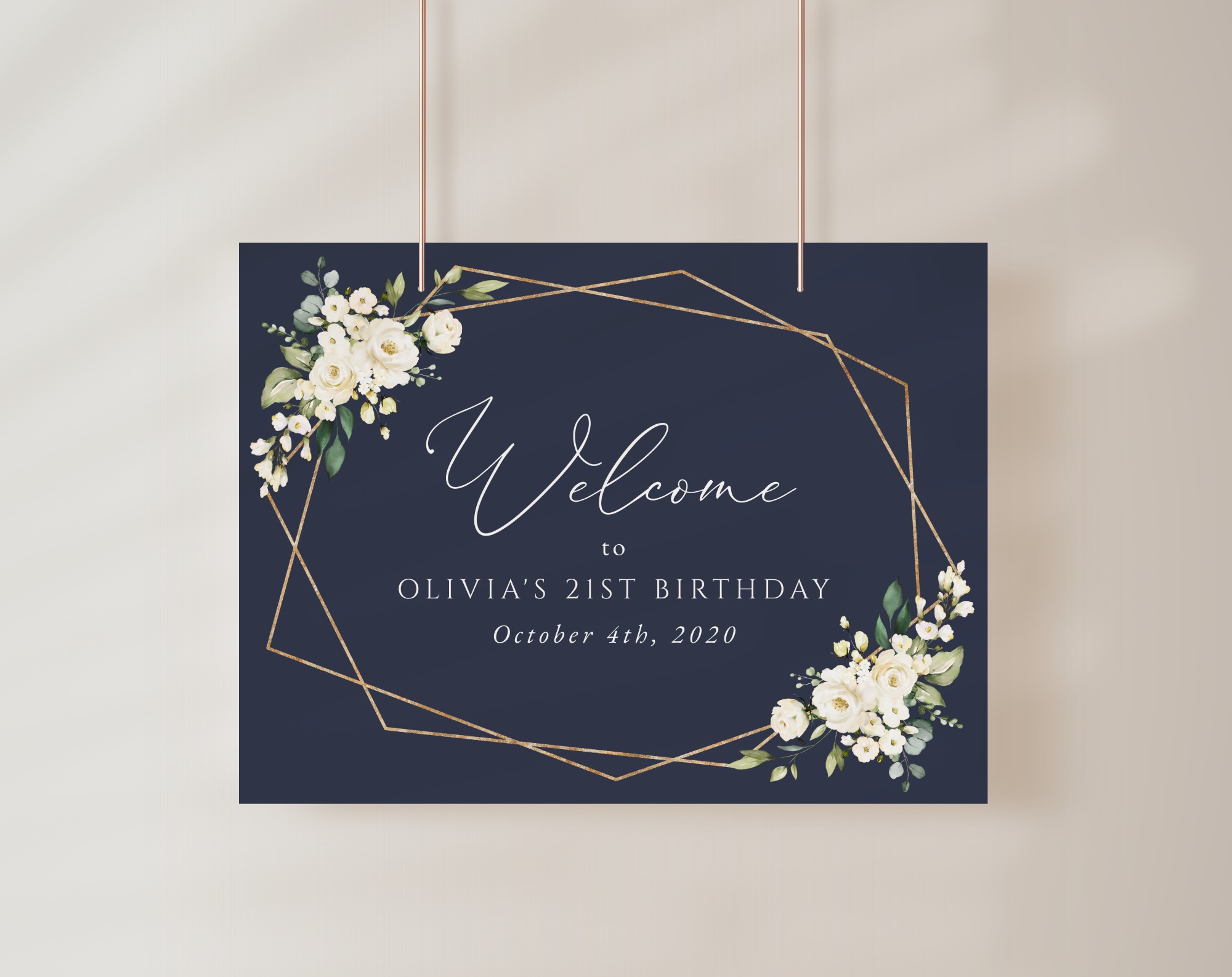 Navy and White Flowers Welcome Sign, Birthday Sign, Girl Birthday, Printable File, Edit Yourself, SH121