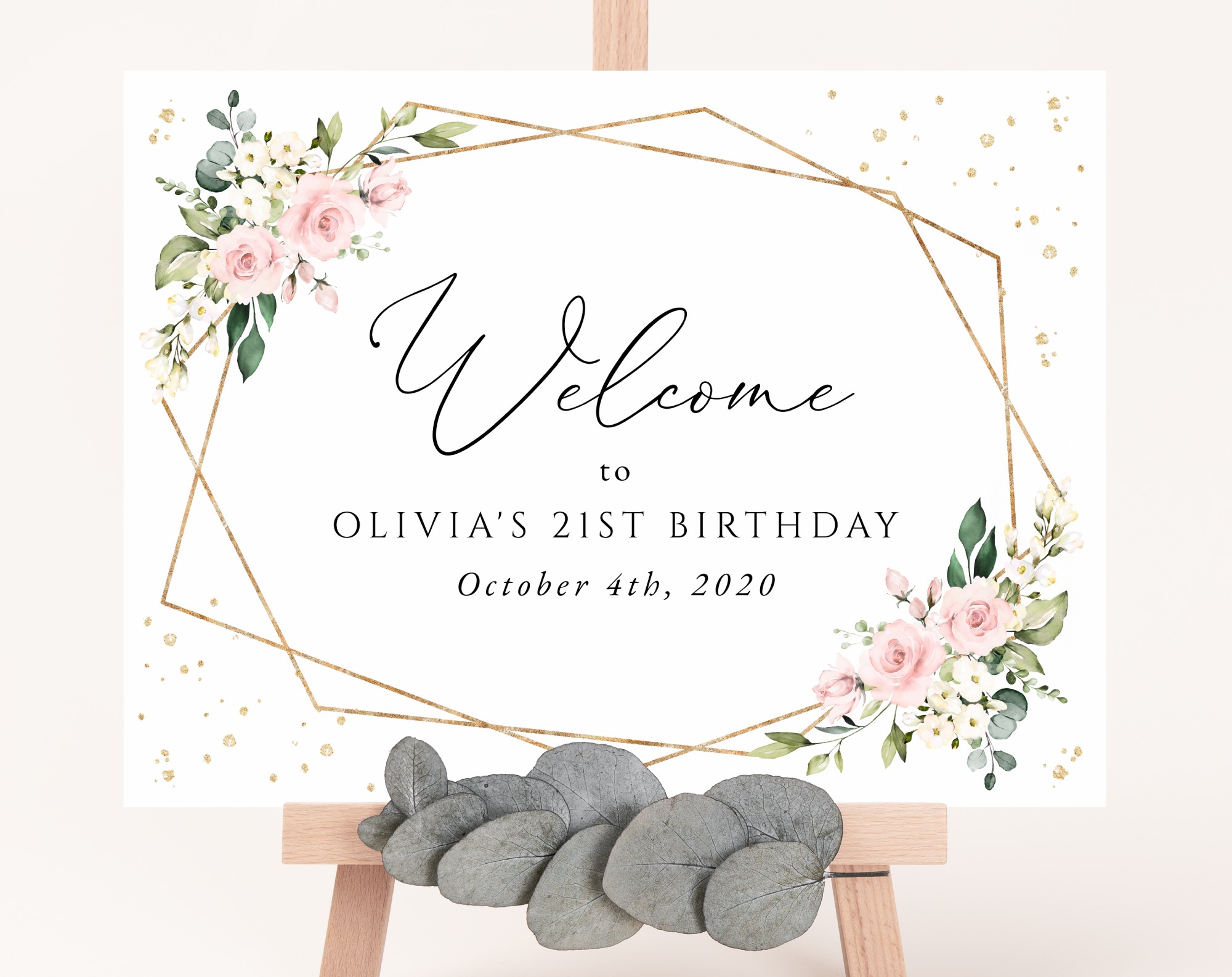 Pink Flowers and Gold Confetti Welcome Sign, Birthday Sign, Girl Birthday, Printable File, Edit Yourself, SH122