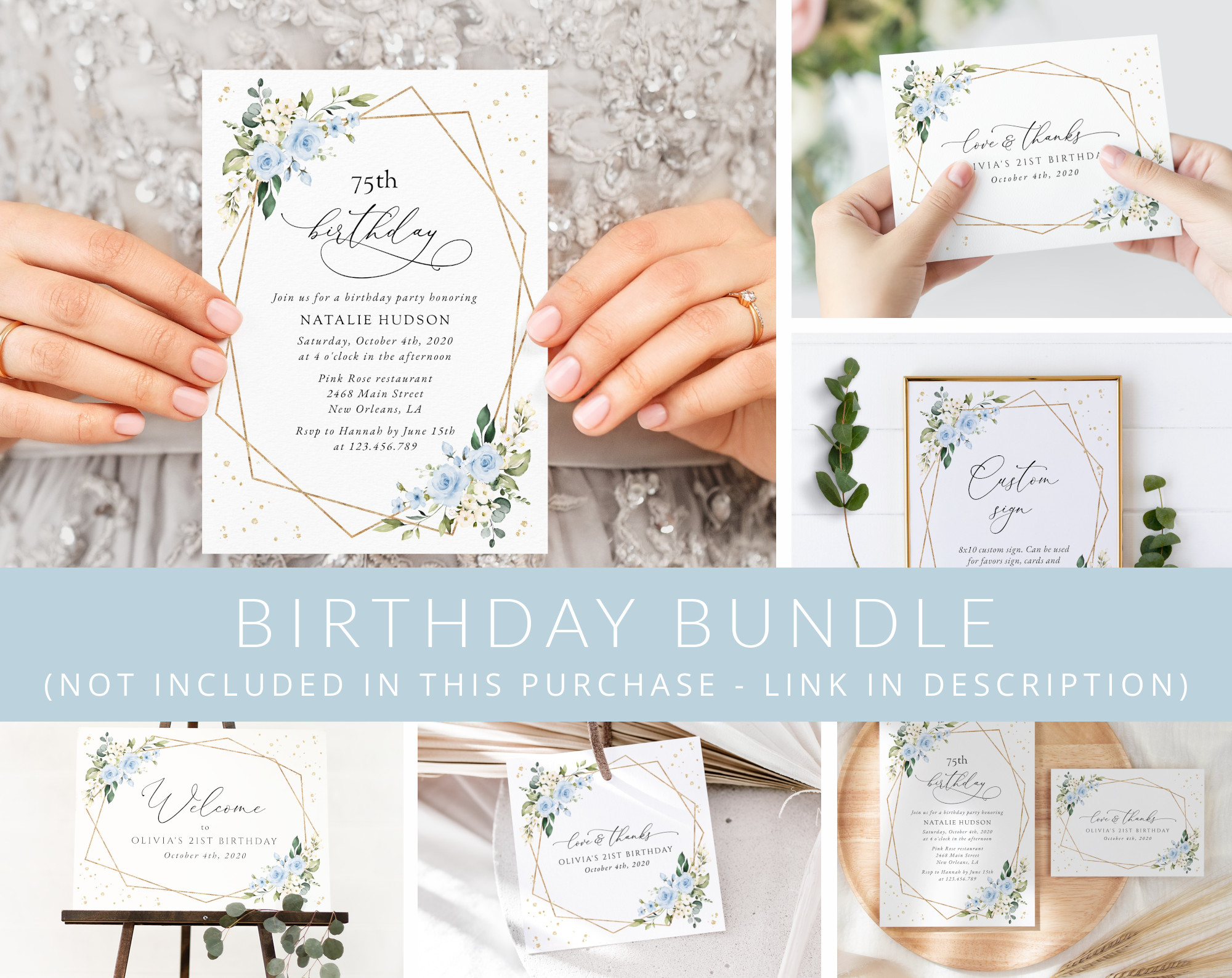 Blue Flowers and Gold Confetti Birthday Mini Bundle, Girl Birthday, Any Birthday, Printable File, Edit Yourself, SH123