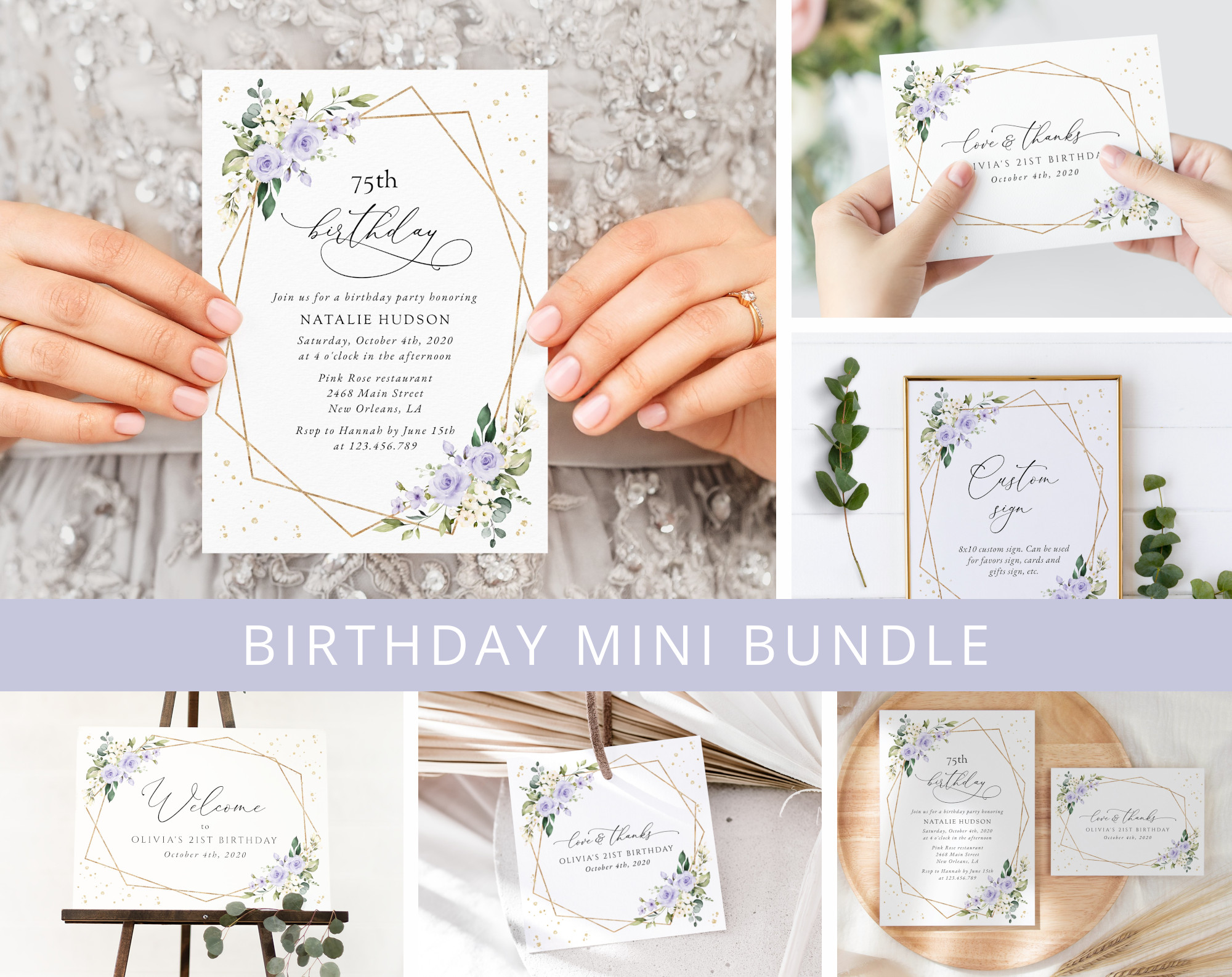 Purple Flowers and Gold Confetti Birthday Mini Bundle, Girl Birthday, Any Birthday, Printable File, Edit Yourself, SH124